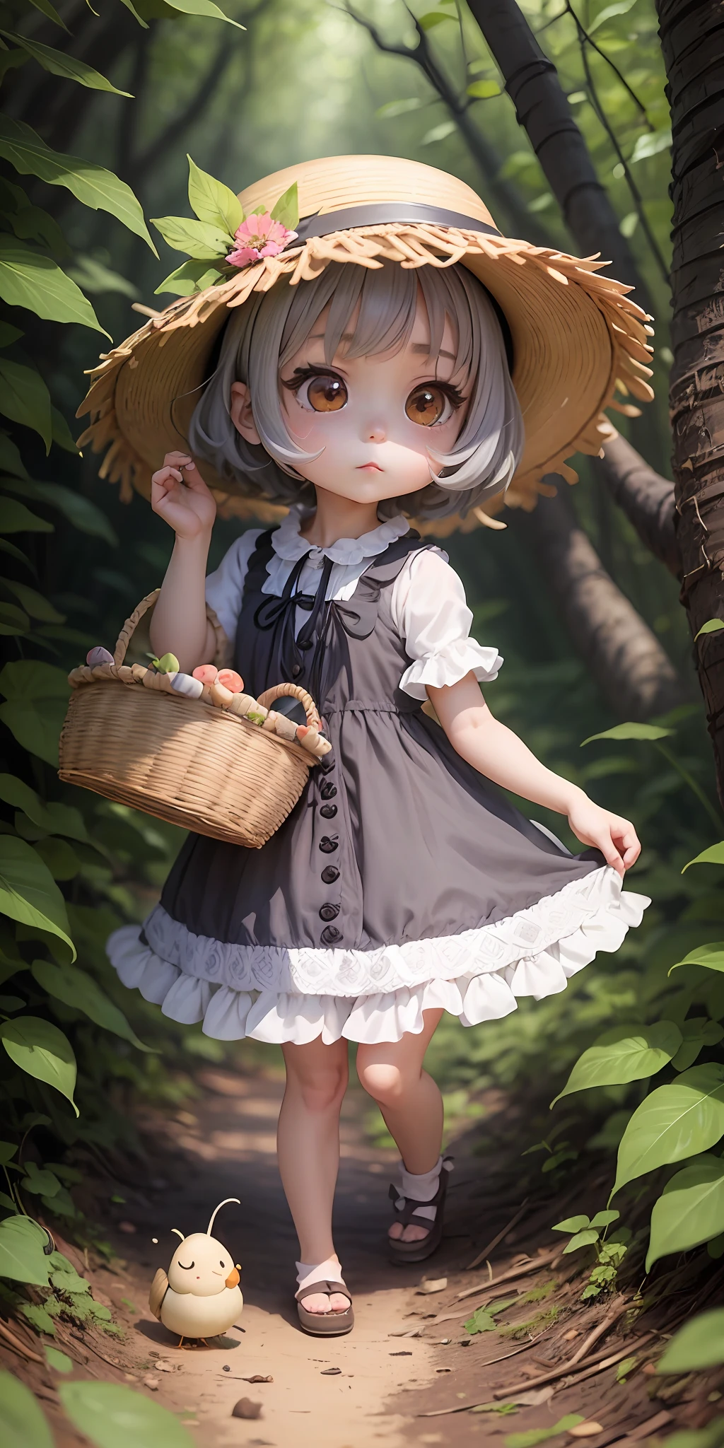 Chibi Chara, Anime, Nendoroid, 1 girl, Gray hair, Straw hat, Wearing a dress, dress with ruffled hem, Floral pattern, In the forest, Deformed, Cute, Picture face, Mushroom, Little bird, Picnic, 1 basket