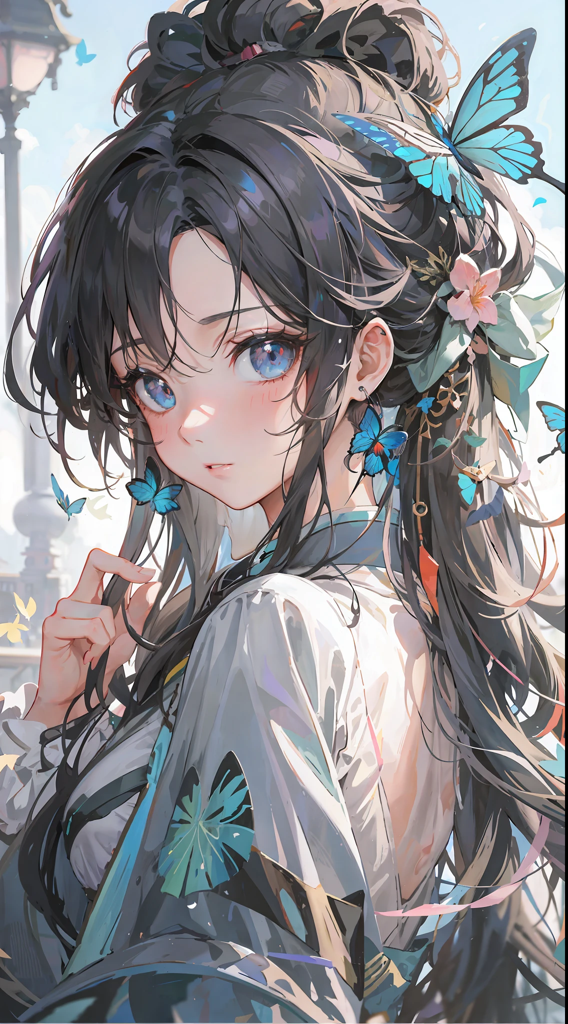 anime girl with butterfly hair and blue eyes with long hair, beautiful anime portrait, detailed portrait of anime girl, palace ， a girl in hanfu, anime style 4 k, beautiful anime girl, detailed digital anime art, guweiz on pixiv artstation, guweiz, artwork in the style of guweiz, anime moe artstyle, cute anime girl portrait