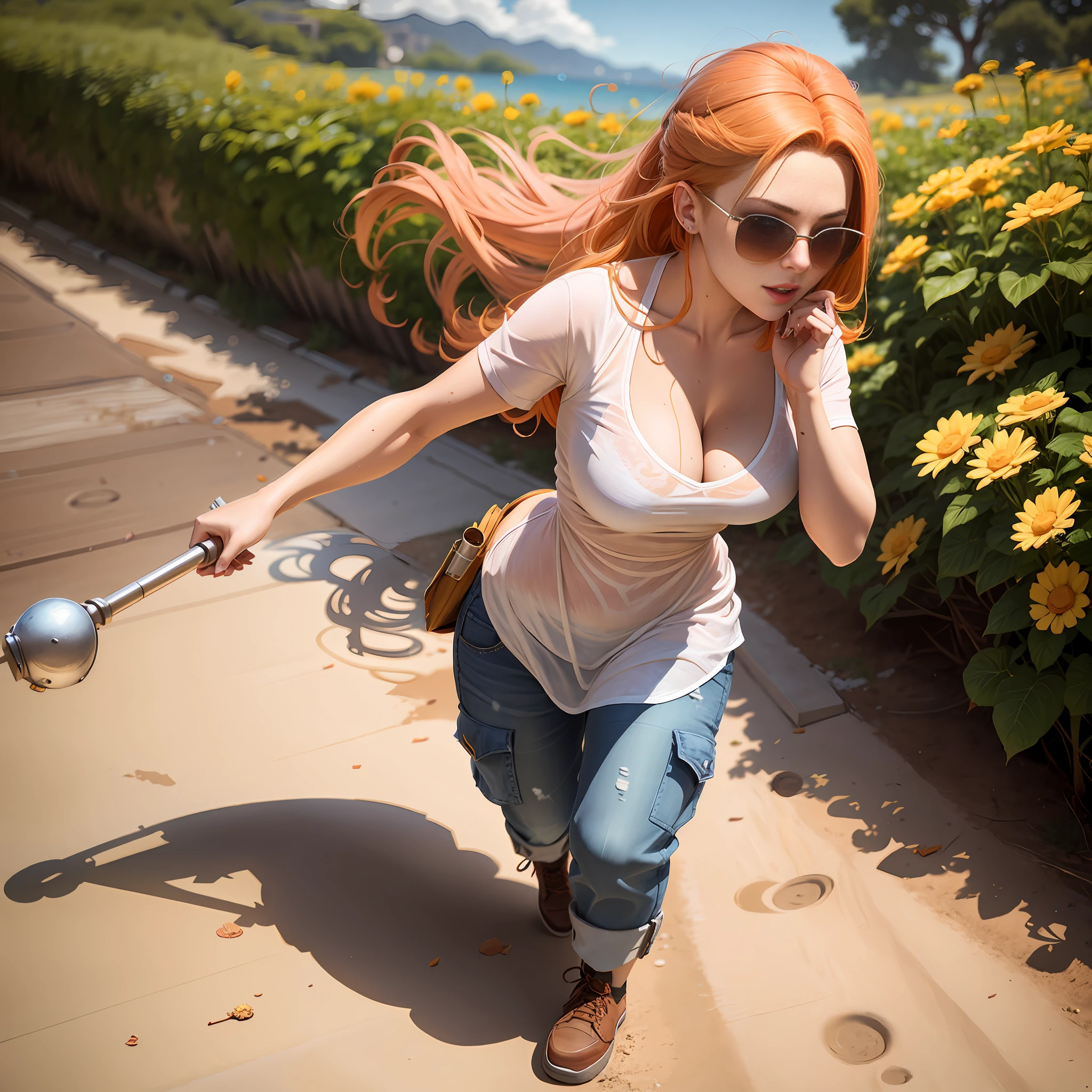 Blonde woman with red hair and sunglasses walking, perfect hand with 5 dediscreals. Adorable Brigitte from Overwatch, Brigitte from Overwatch, Nami from One Piece, Abigail from Stardew Valley, the anime girl is running, full cosplay, Misty from Pokémon, Brigitte, Monika, Katarina, Ayaka cosplay, Katarina from League of Legends, Annie from League of Legends