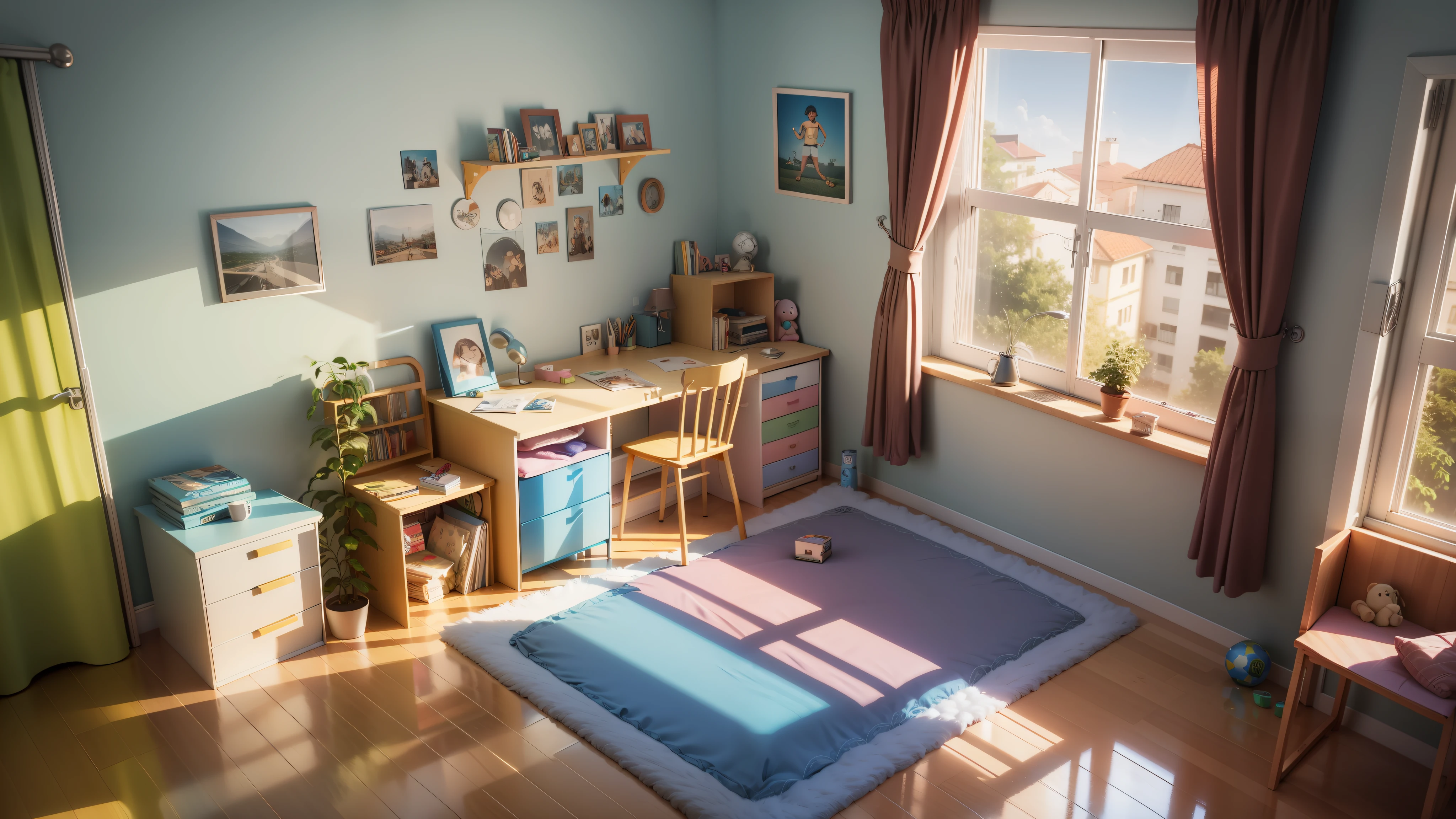 3D cartoon, bedroom of a young Brazilian boy, unmade bed, a chair facing the window, 4K --auto --s2