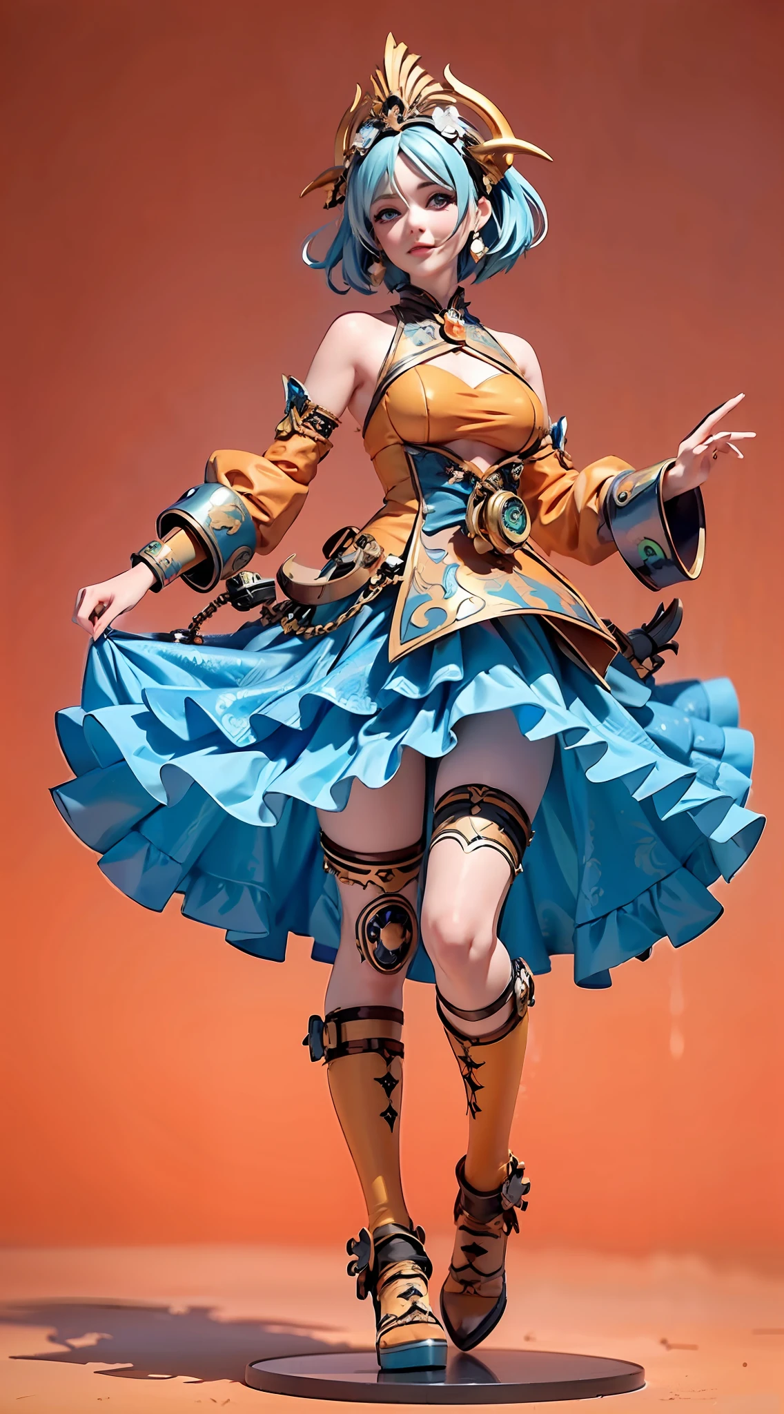 Broken [Orange:Blue: 0.5] Theme, (((gradient background: 1.1))),Panorama, Full body, Best quality, Masterpiece, Ultra High resolution, (Realism:1.4), Absurd, Cinema lights, (Best Vista Photo of a Mechanical Girl), (Anatomically correct), ((Dragon horn shaped headdress)), ((Glow)), Blue, short hair, blue eyes, Smile, Delicate tiara, (Blue Dragon Pattern Dress Decoration), ((Blue Shoes)), (((Side Body))), (koh_ amberheard:0.9), extremely detailed face, surrealism, steampunk, intricate design, extremely detailed, exquisite details, HDR (High Dynamic Range), ray tracing, perfect proportions
