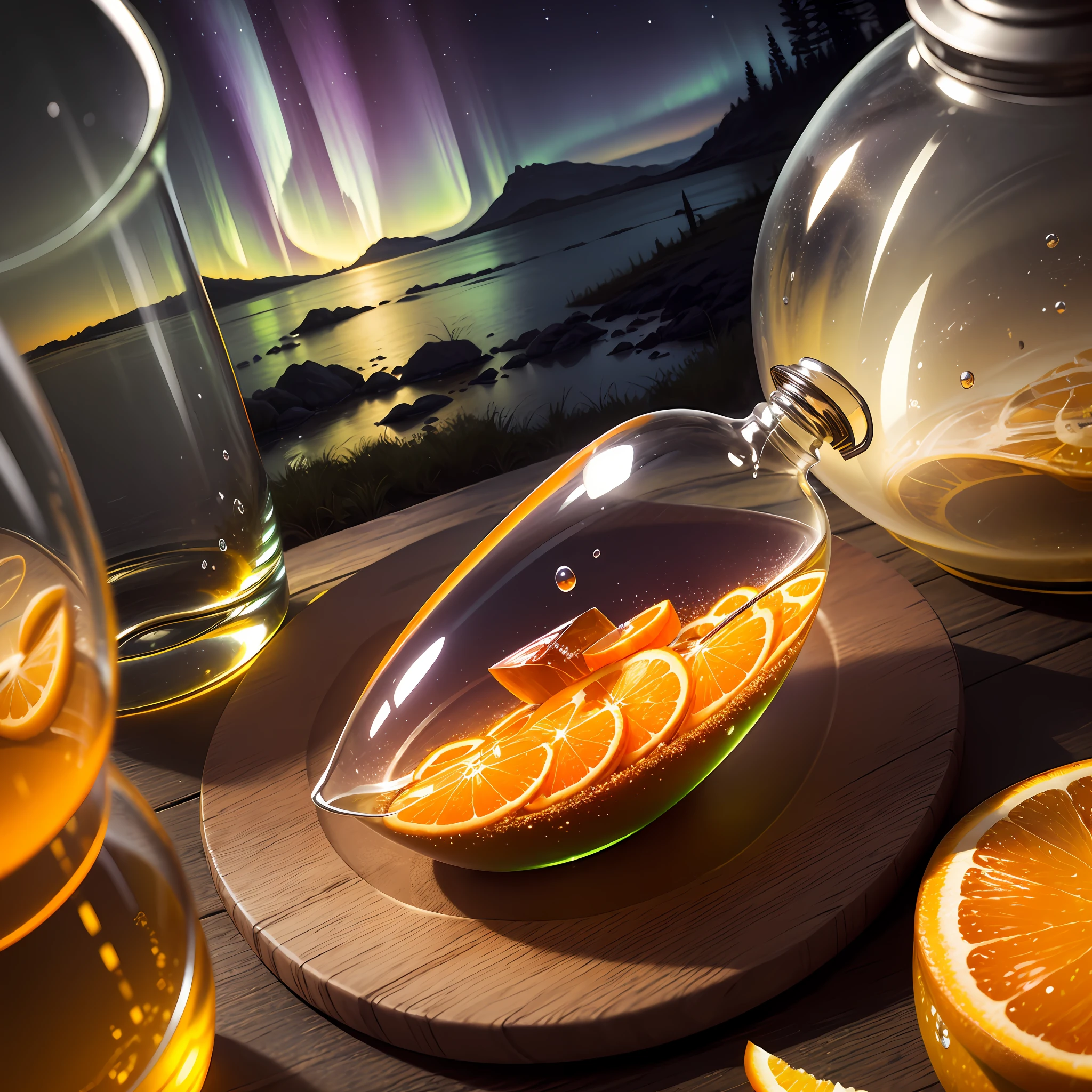 Computer, realistic fantasy, Extensive landscape ultra photography (general view showing glass glass, bottle, orange, slices, dew drops, northern lights, ), blurred background, gloomy, yellow, purple background, magic