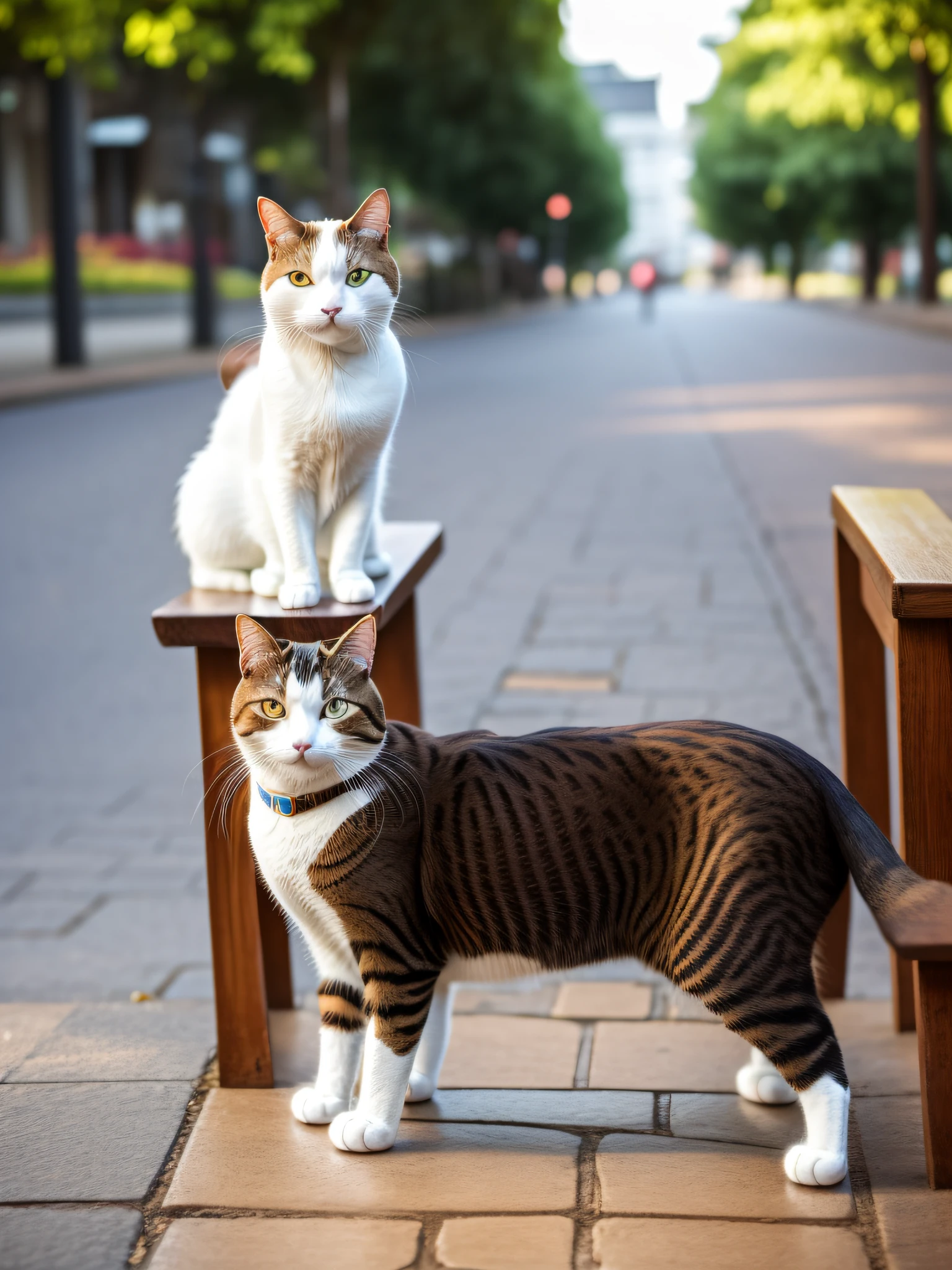 there is a cat sitting on a wooden bench in the city, sad cat, beautiful mutt picture, cat photo on the table, cat is walking, angry cat, an antro cat, cute furry needs your help, shutterstock, white cat, a cute cat, pet, cute cat, Social realism, Realism, ray tracing, reflection light, high quality,  high details, super detail, 8k, 16k, best quality