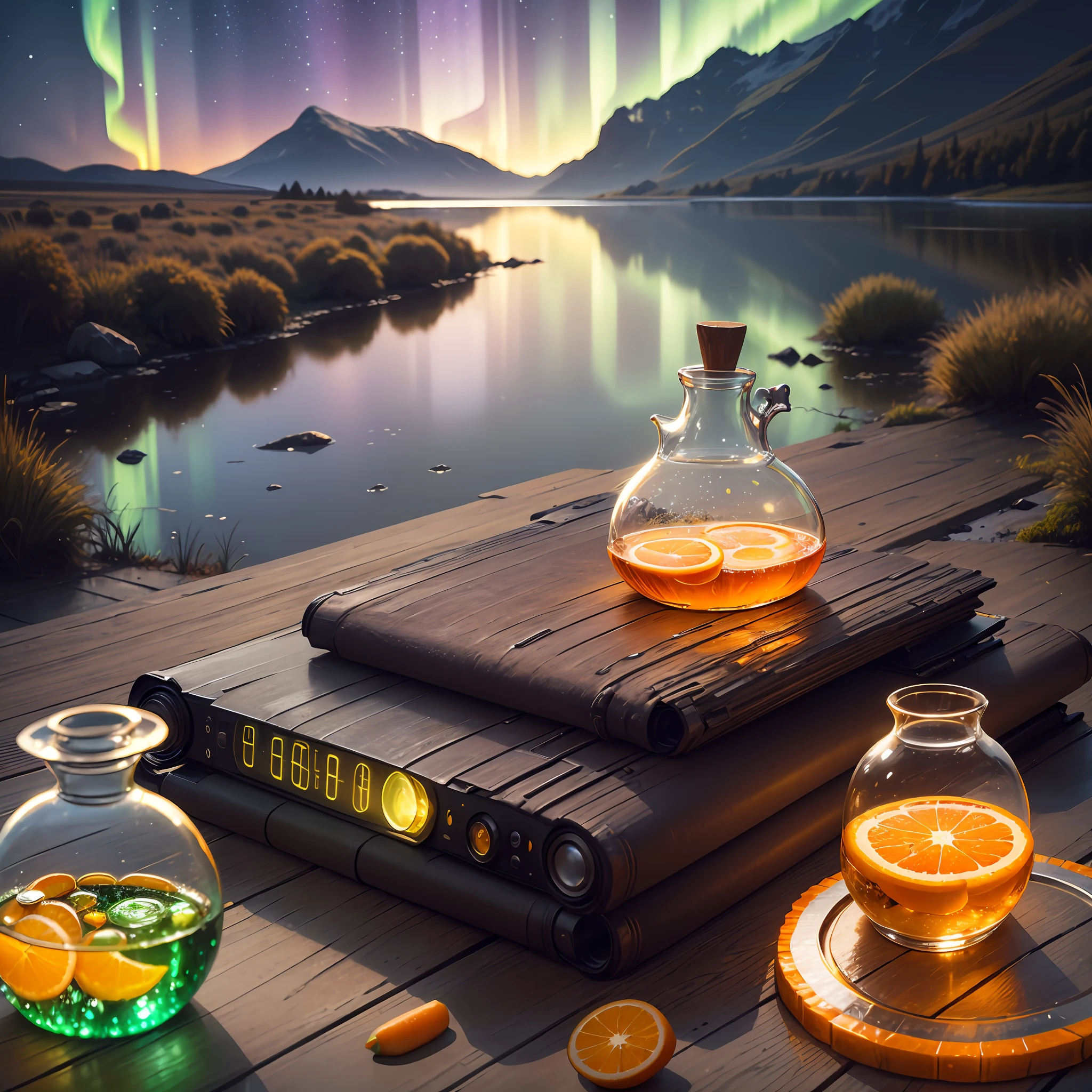 Computer, realistic fantasy, Extensive landscape ultra photography (general view showing glass glass, bottle, orange, slices, dew drops, northern lights, ), blurred background, gloomy, yellow, purple background, magic