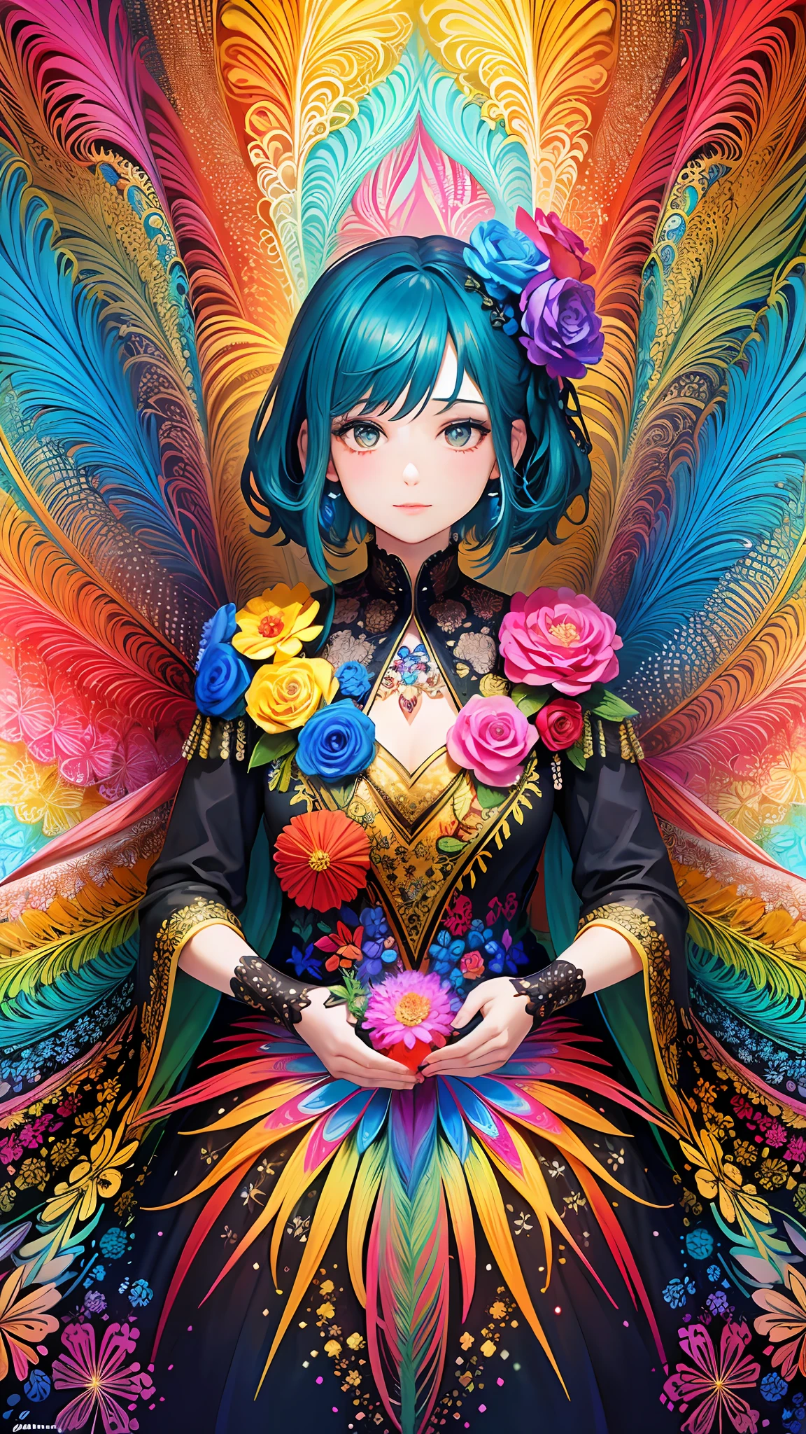 colorful flowers, feather, (masterpiece, top quality, best quality, official art, beautiful and aesthetic:1.2), (1girl:1.3), (fractal art:1.3),