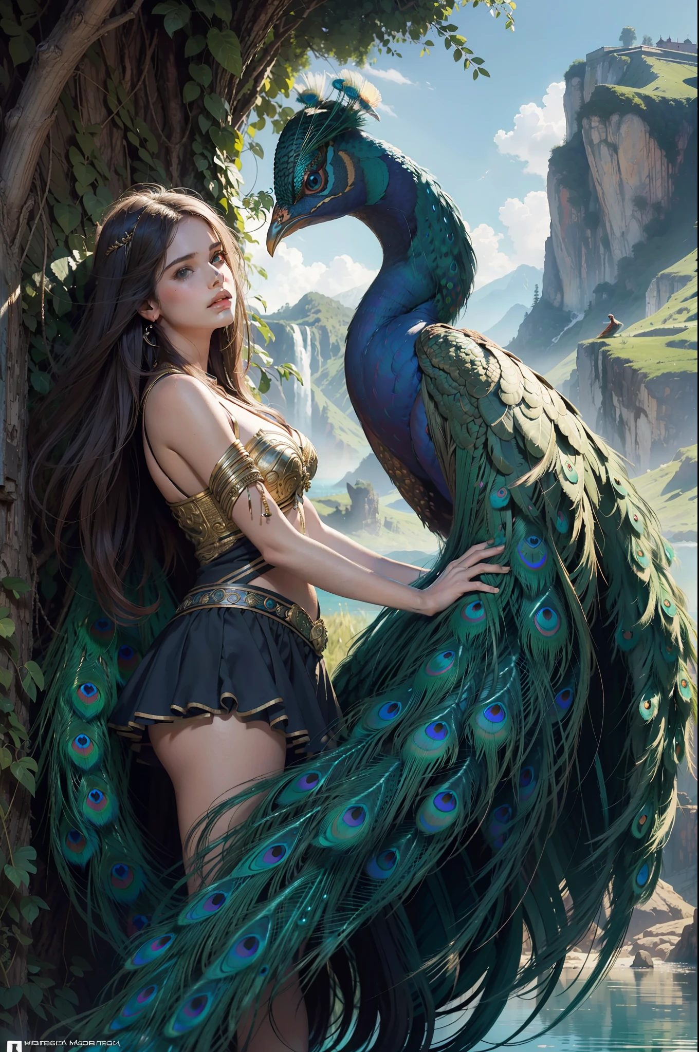 fantastic realism, masterpiece, super detailed, 1 beautiful girl, hugging a giant peacock, plain, background lake, detailed background, (top quality, Alessandro Casa Grande, Greg Rutkowski, Sally Mann, concept art, 4k),