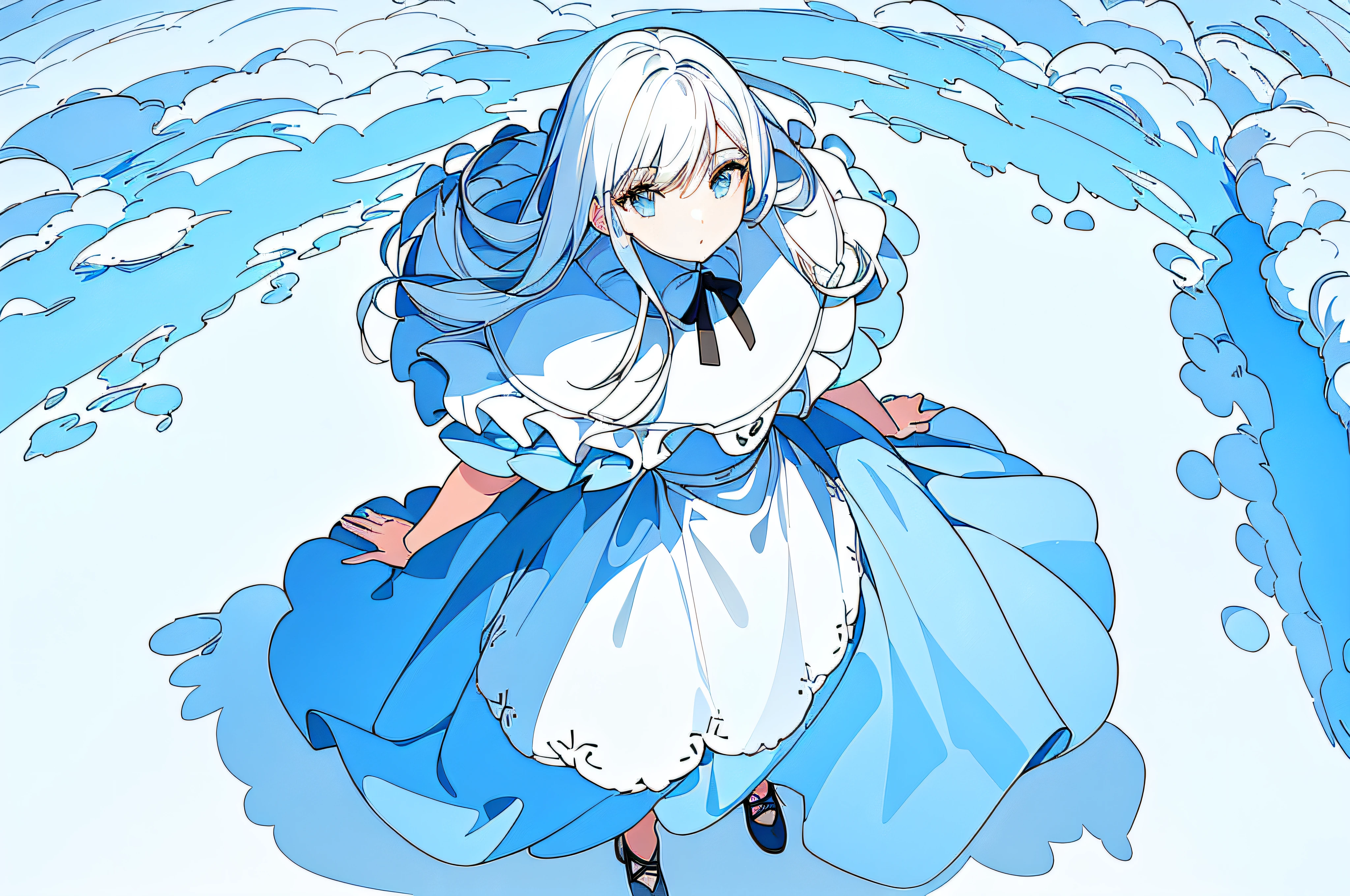 masterpiece,(best quality),(1girl) ,solo,(high contrast:1.2),(high saturation:1.2), ((hands on the pocket)),((black and white sdress)),looking at viewer,((white and light blue theme:1.3)),((white and light blue background:1.5)),white hair,blue eyes,((walking:1.3)),full body,black footwear,((the light blue water on sky and white cloud and day)),((from above:1.2)),Ink painting