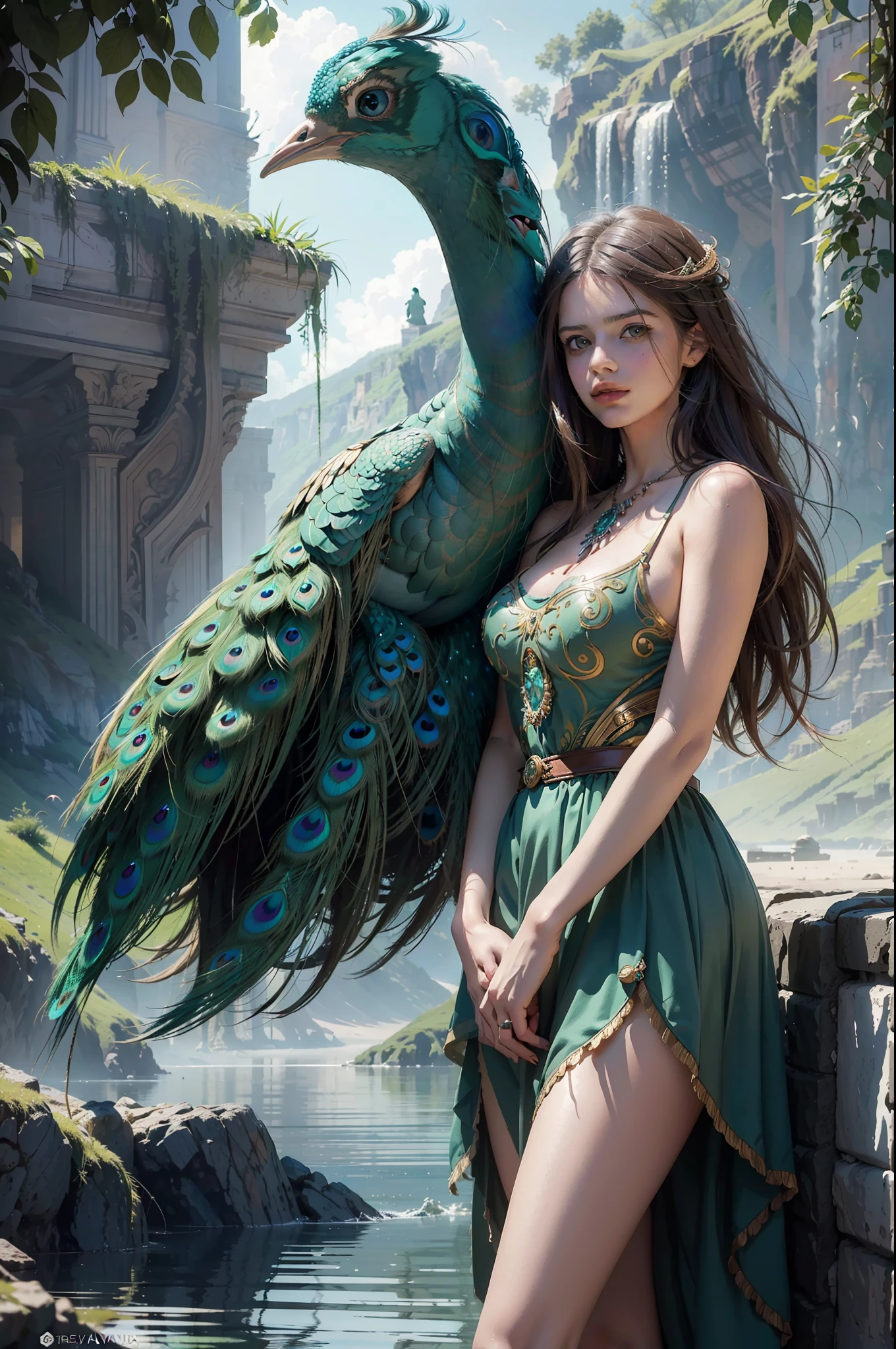 fantastic realism, masterpiece, super detailed, 1 beautiful girl, hugging a giant peacock, plain, background lake, detailed background, (top quality, Alessandro Casa Grande, Greg Rutkowski, Sally Mann, concept art, 4k),