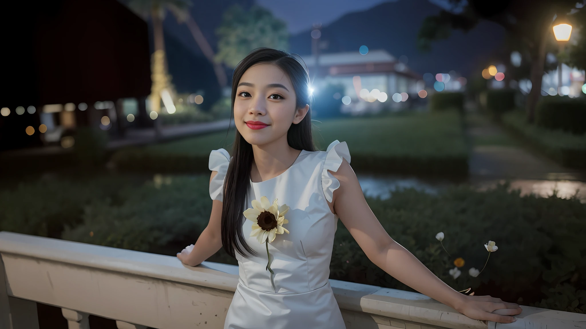 there is a woman standing on a railing with a flower in her hair, photo taken at night, photo taken with canon 5d, at night, at night time, captured on canon eos r 6, taken with canon eos 5 d mark iv, taken with sigma 2 0 mm f 1. 4, with sunset, night photo, mai anh tran.white smile
