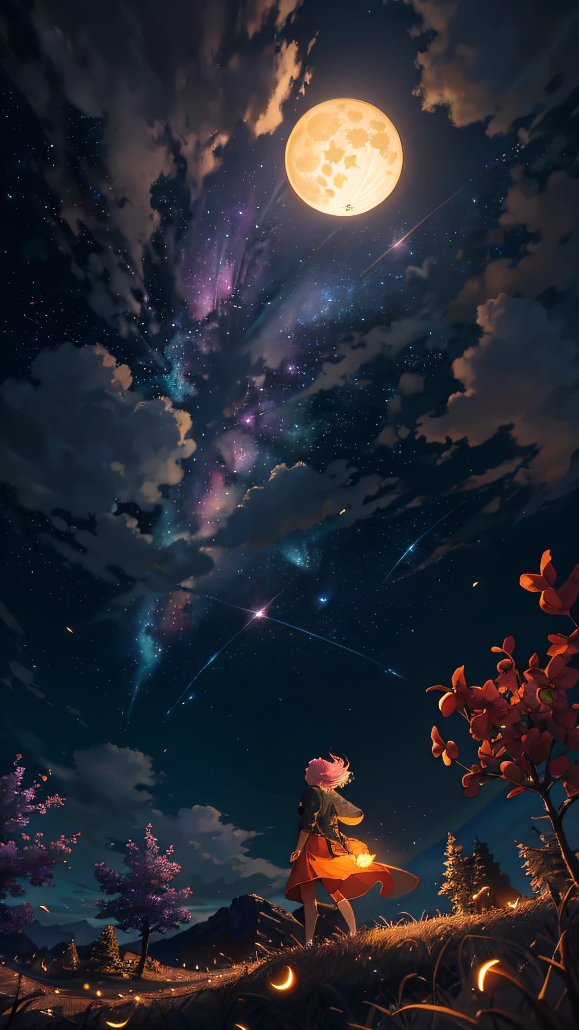 Vast landscape photo, (viewed from below, the sky is above and the open field is below), a girl standing on a flower field looking up, (full moon: 1.2), (meteor: 0.9), (nebula: 1.3), distant mountains , Trees BREAK Crafting Art, (Warm Light: 1.2), (Fireflies: 1.2), Lights, Lots of Purple and Orange, Intricate Details, Volumetric Lighting, Realism BREAK (Masterpiece: 1.2), (Best Quality), 4k, Ultra-Detailed, (Dynamic Composition: 1.4), Very Detailed, Colorful Details, (Rainbow Colors: 1.2), (Glow Lighting, Atmospheric Lighting), Dreamy, Magical, (Solo: 1.2)