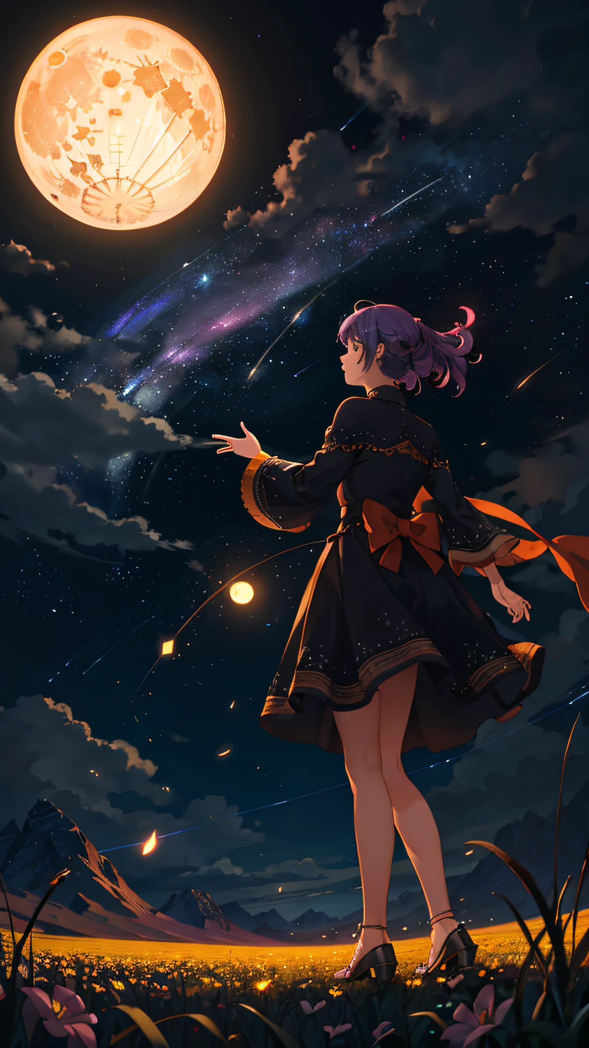 Vast landscape photo, (viewed from below, the sky is above and the open field is below), a girl standing on a flower field looking up, (full moon: 1.2), (meteor: 0.9), (nebula: 1.3), distant mountains , Trees BREAK Crafting Art, (Warm Light: 1.2), (Fireflies: 1.2), Lights, Lots of Purple and Orange, Intricate Details, Volumetric Lighting, Realism BREAK (Masterpiece: 1.2), (Best Quality), 4k, Ultra-Detailed, (Dynamic Composition: 1.4), Very Detailed, Colorful Details, (Rainbow Colors: 1.2), (Glow Lighting, Atmospheric Lighting), Dreamy, Magical, (Solo: 1.2)