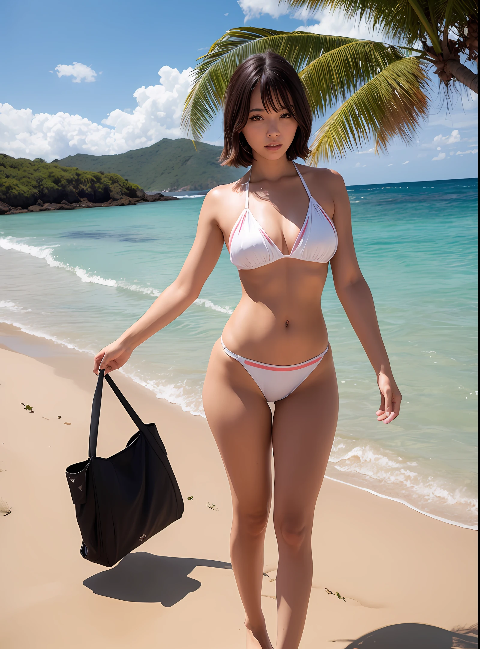 Beautiful woman standing on the beach, in swimsuit