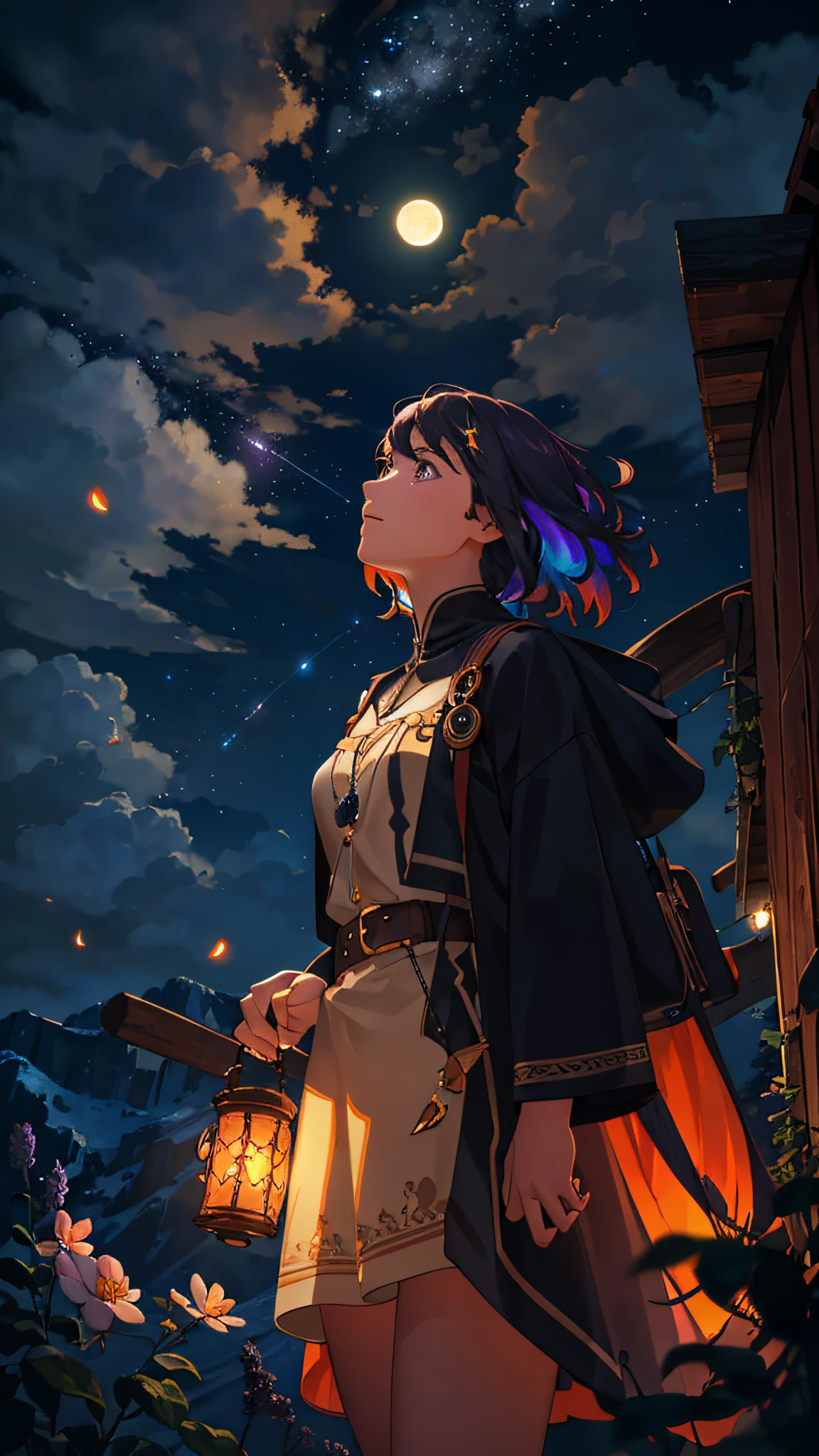 Vast landscape photo, (viewed from below, the sky is above and the open field is below), a girl standing on a flower field looking up, (full moon: 1.2), (meteor: 0.9), (nebula: 1.3), distant mountains , Trees BREAK Crafting Art, (Warm Light: 1.2), (Fireflies: 1.2), Lights, Lots of Purple and Orange, Intricate Details, Volumetric Lighting, Realism BREAK (Masterpiece: 1.2), (Best Quality), 4k, Ultra-Detailed, (Dynamic Composition: 1.4), Very Detailed, Colorful Details, (Rainbow Colors: 1.2), (Glow Lighting, Atmospheric Lighting), Dreamy, Magical, (Solo: 1.2)