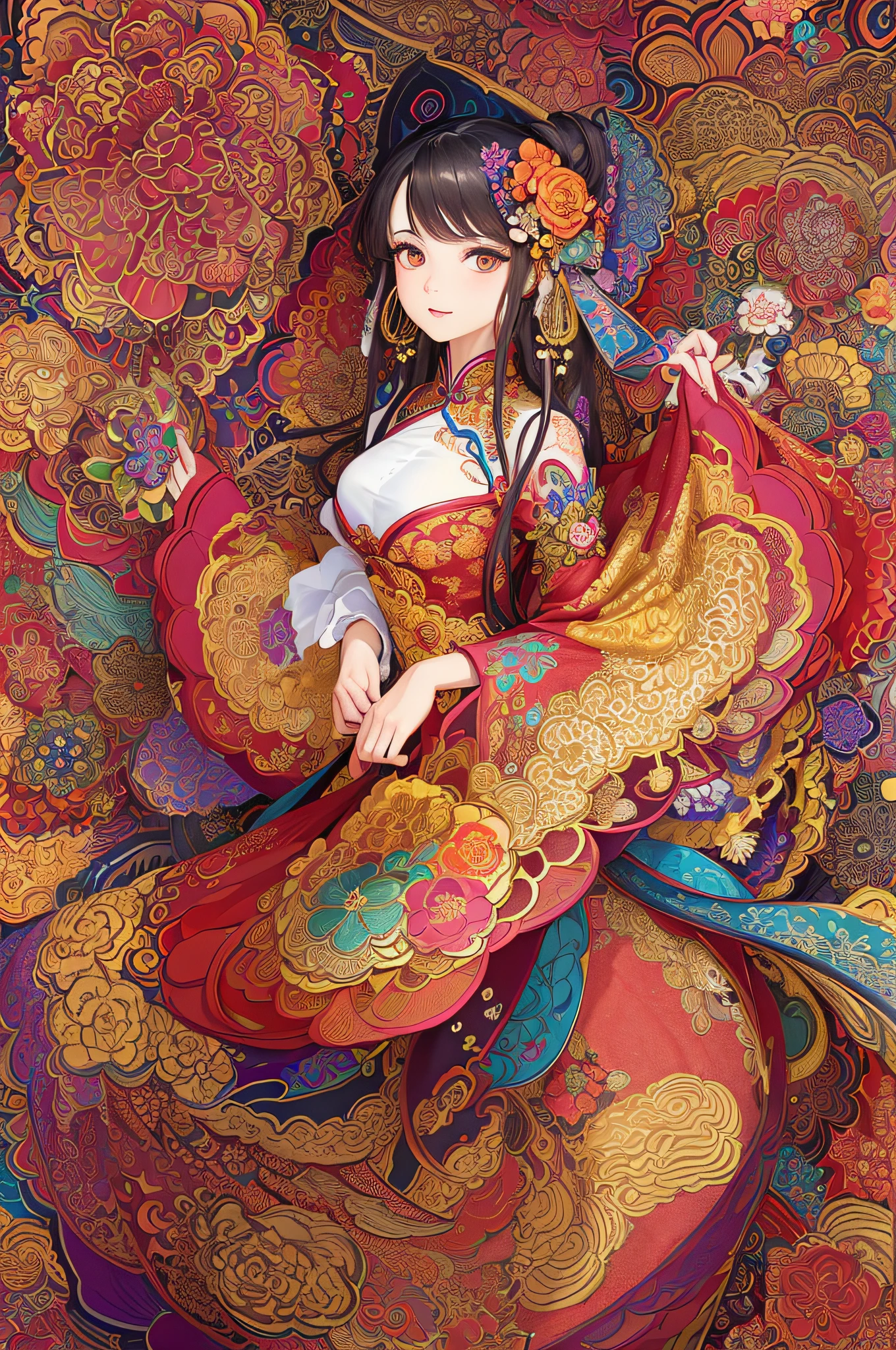 (masterpiece, top quality, best quality, official art, beautiful and aesthetic:1.2), (1girl:1.3), extremely detailed,(fractal art:1.1),(colorful:1.1)(flowers:1.3),highest detailed,(zentangle:1.2), (dynamic pose), (abstract background:1.3), (chinese Traditional cloth:1.2), (shiny skin), (many colors:1.4), ,(earrings:1.4),