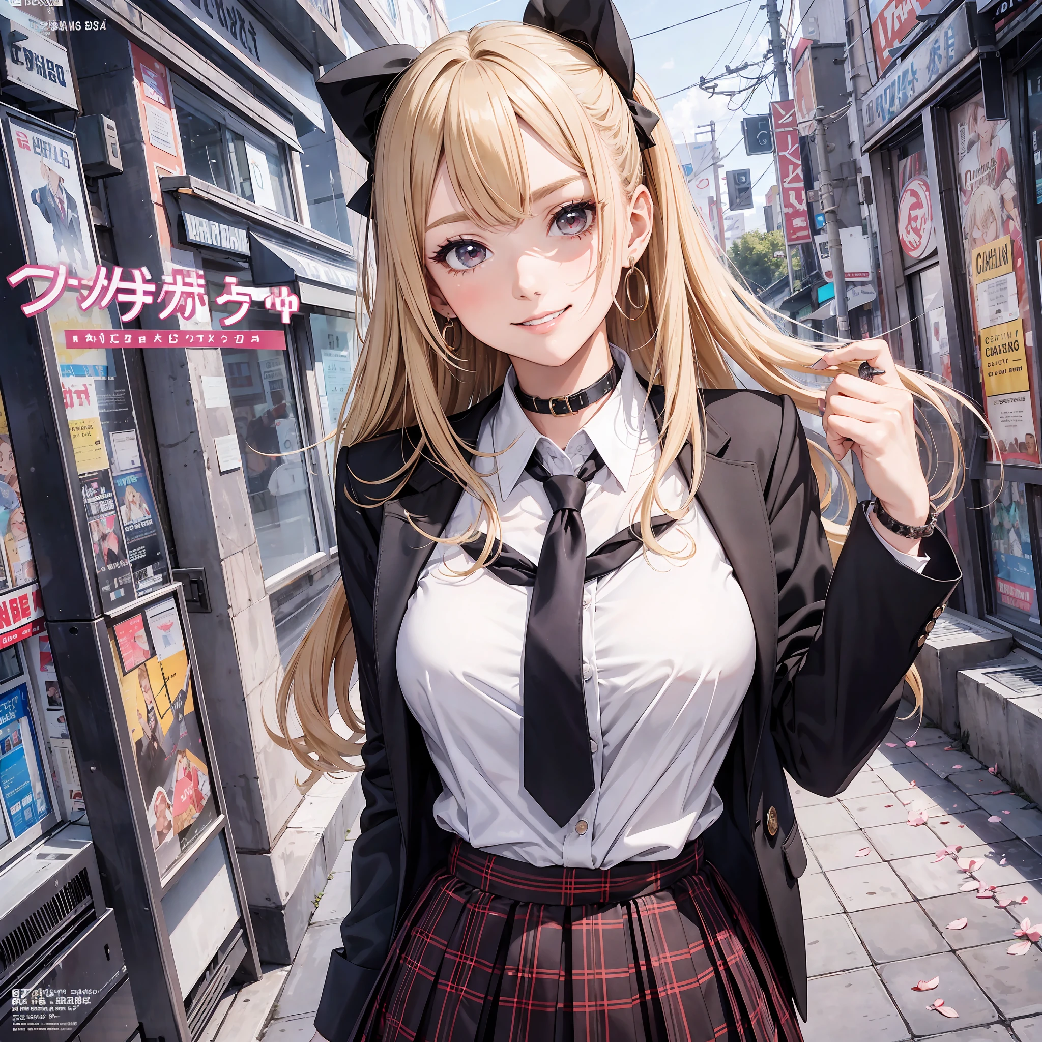 masterpiece, best quality, full body, 1girl, bangs, black choker, black necktie, blonde hair, blue skirt, blush, bracelet, breasts, choker, clothes around waist, collarbone, collared shirt, cowboy shot, dress shirt, ear piercing, eyebrows visible through hair, gradient hair, grin, gyaru, jewelry, kogal, long hair, looking at viewer, loose necktie, necktie, piercing, plaid, plaid skirt, pleated skirt, red eyes, ring, school uniform, shirt, skirt, smile, solo, white shirt, street, sky, cherry blossoms, petals,illustration, (magazine:1.3), (cover-style:1.3), fashionable, woman, vibrant, outfit, posing, front, colorful, dynamic, background, elements, confident, expression, holding, statement, accessory, majestic, coiled, around, touch, scene, text, cover, bold, attention-grabbing, title, stylish, font, catchy, headline, larger, striking, modern, trendy, focus, fashion, --auto --s2