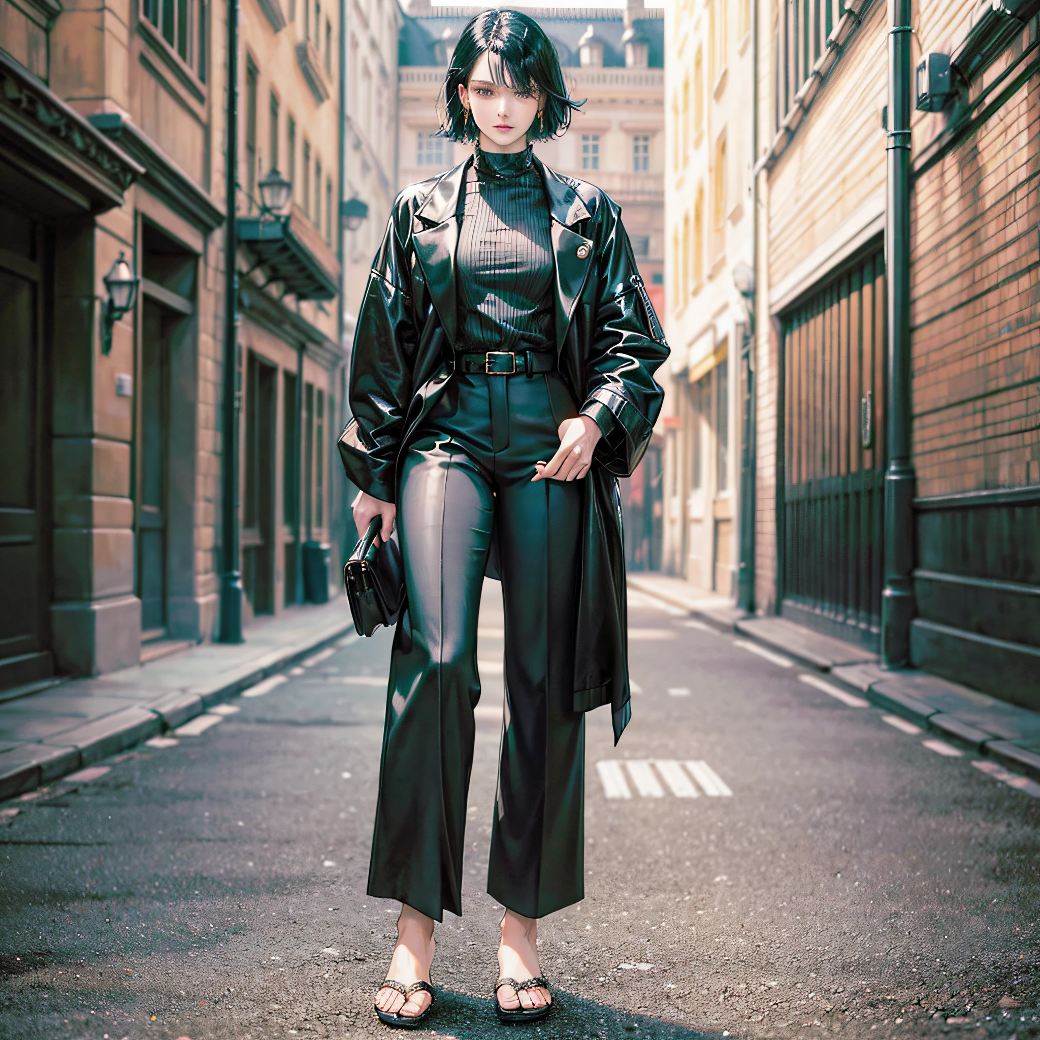 mode fashion, black, shirt, jacket, wide pants, well-designed clothing, stylish, yohji yamamoto, background is white, model is transcendently beautiful caucasian woman, hairstyle is black hair short bob, live-action picture, full body up to legs --auto --s2