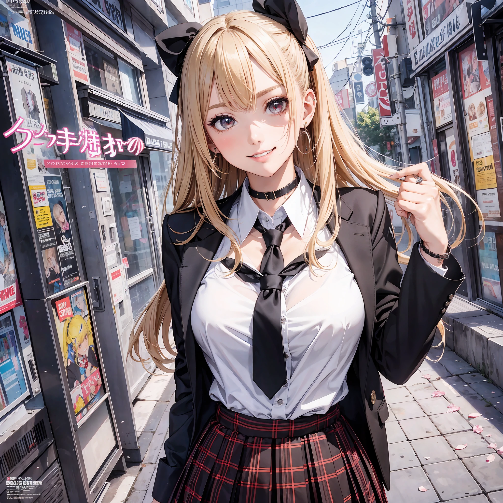 masterpiece, best quality, full body, 1girl, bangs, black choker, black necktie, blonde hair, blue skirt, blush, bracelet, breasts, choker, clothes around waist, collarbone, collared shirt, cowboy shot, dress shirt, ear piercing, eyebrows visible through hair, gradient hair, grin, gyaru, jewelry, kogal, long hair, looking at viewer, loose necktie, necktie, piercing, plaid, plaid skirt, pleated skirt, red eyes, ring, school uniform, shirt, skirt, smile, solo, white shirt, street, sky, cherry blossoms, petals,illustration, (magazine:1.3), (cover-style:1.3), fashionable, woman, vibrant, outfit, posing, front, colorful, dynamic, background, elements, confident, expression, holding, statement, accessory, majestic, coiled, around, touch, scene, text, cover, bold, attention-grabbing, title, stylish, font, catchy, headline, larger, striking, modern, trendy, focus, fashion, --auto --s2