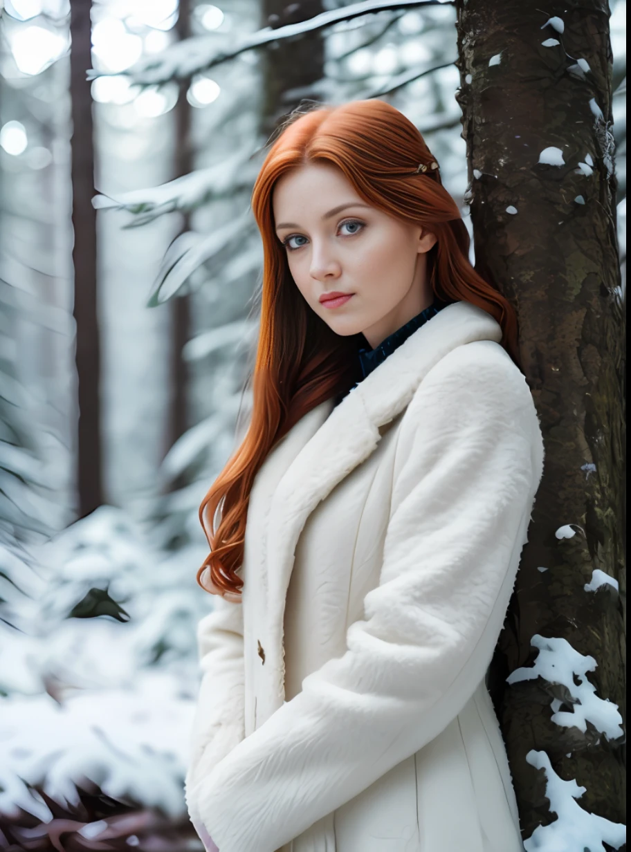 a european woman, full body, ginger hair, winter forest, detailed skin texture, 24mm, 4k textures, soft cinematic light, RAW photo, photorealism, photorealistic, intricate, elegant, highly detailed, sharp focus, ((((cinematic look)))), soothing tones, insane details, intricate details, hyperdetailed, low contrast, dim colors, exposure blend, hdr, faded