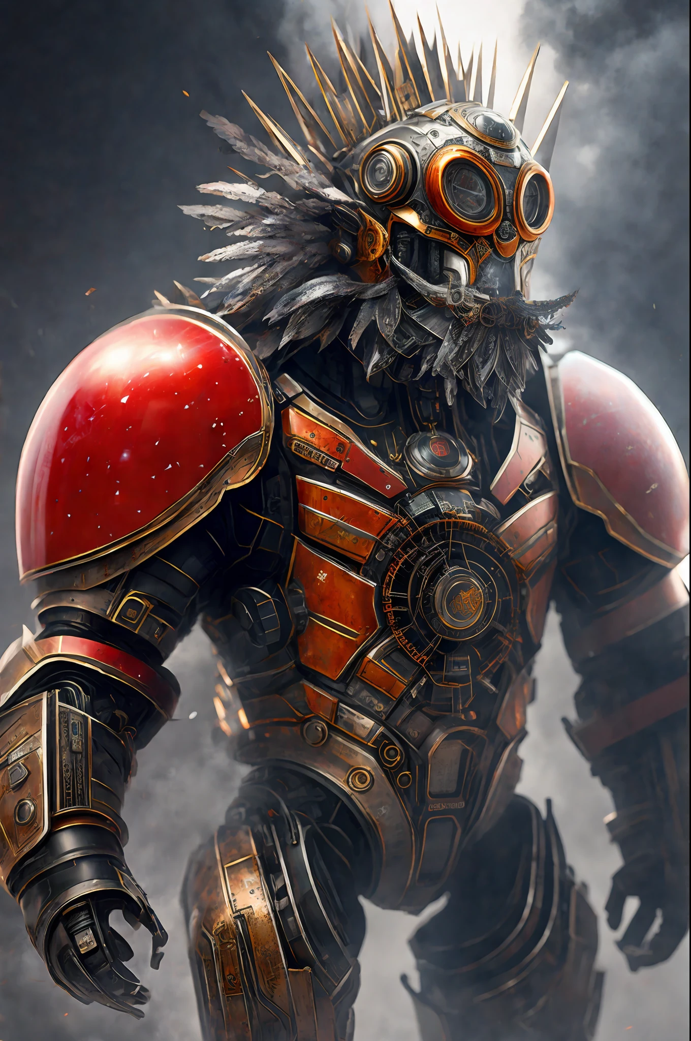 Best Quality, 500 Pixels, CGSOCIETY, 8K, (Beautiful: 1.2) Original Photo of King Tomato Robot, DreamlikeArt, Ultra-detailed Photo Realism by Greg Rutkowski, (Film Grae: 1), High Resolution, Clear Focus, Contrast, Intricate Detail, Atmospheric Light, Refractive Lighting, Unreal Engine 5, Film, Concept Photography, Masterpiece, Octane Rendering, CGSOCIETY Trend, Color Smoke, Crazy Detail, steampunk detail, intricate detail, super detail,