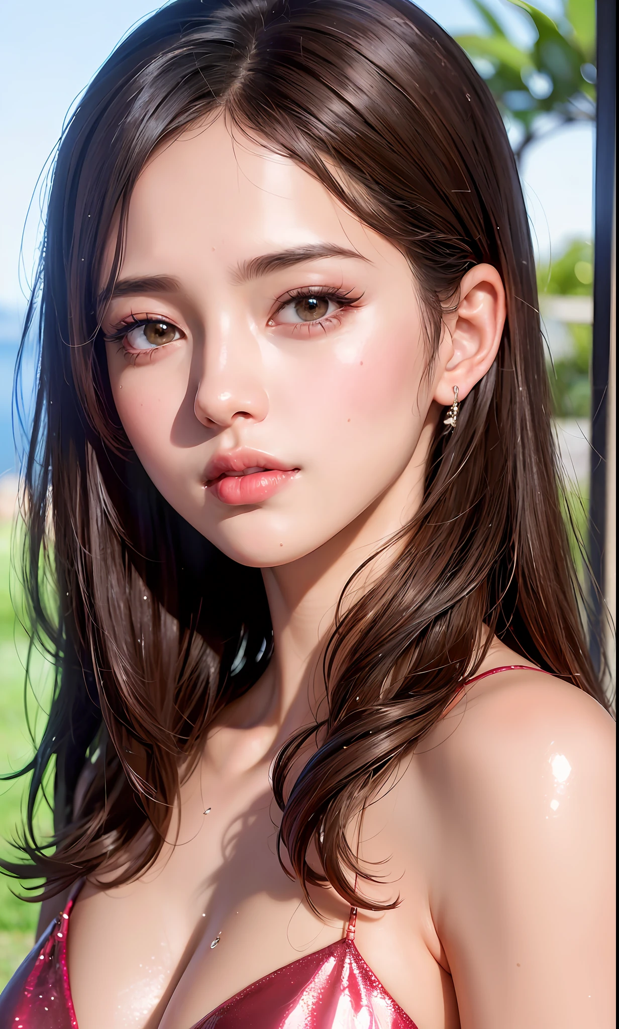 (8k, RAW Photo, Photorealistic: 1.25), (Lip Gloss, Eyelashes, Glossy Face, Shiny Skin, Best Quality, Ultra High Resolution, Depth of Field, Chromatic Aberration, Caustics, Wide Lighting, Natural Shading, Kpop Idol) Viewer sees calm and goddess-like euphoria, brown hair, clothes see-through, shiny lips, wet