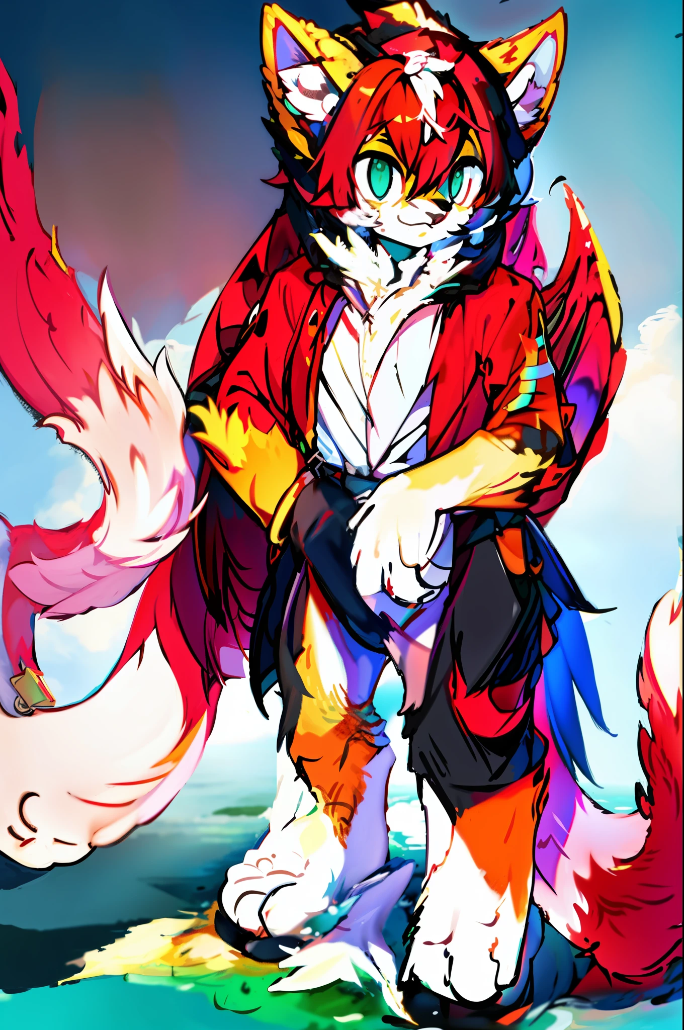 Furry, red hair, 140cm tall. Wings of a dragon in the middle of the sea. Standing in the middle of the sea The tail is a python fish.