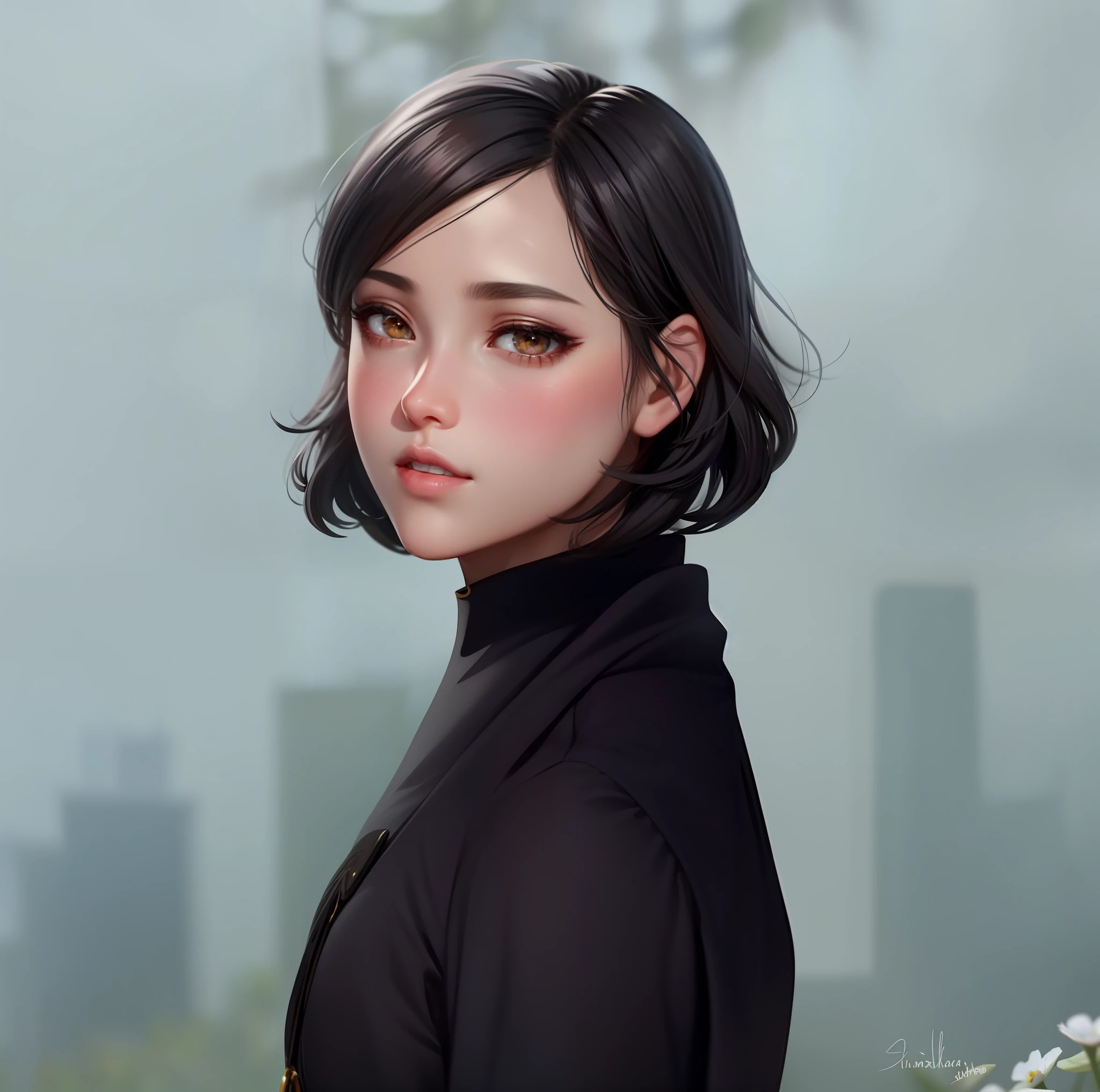 realistic, 1 girl, black hair, black eyes, bright eyes, short top, skirt, half-open lips, blush, night, flowers, sun, sunlight, eyes of Chinese origin, big bust.