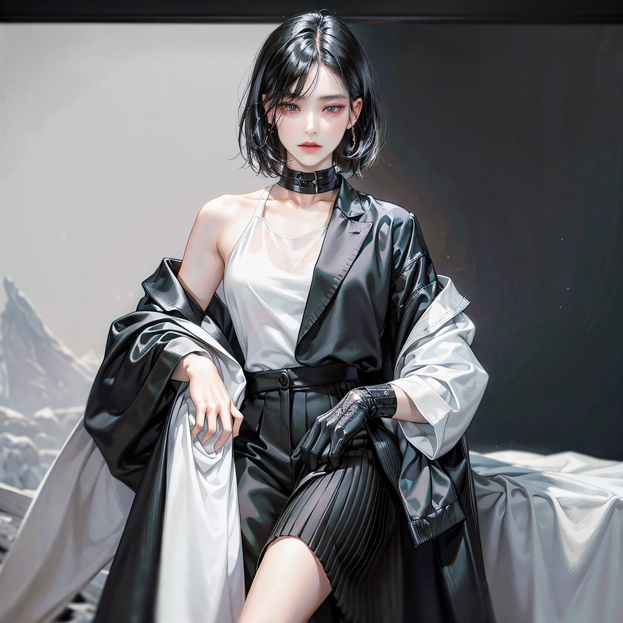 mode fashion, black, shirt, jacket, wide pants, well-designed clothing, stylish, yohji yamamoto, background is white, model is transcendently beautiful caucasian woman, hairstyle is black hair short bob, live-action picture, full body up to legs --auto --s2