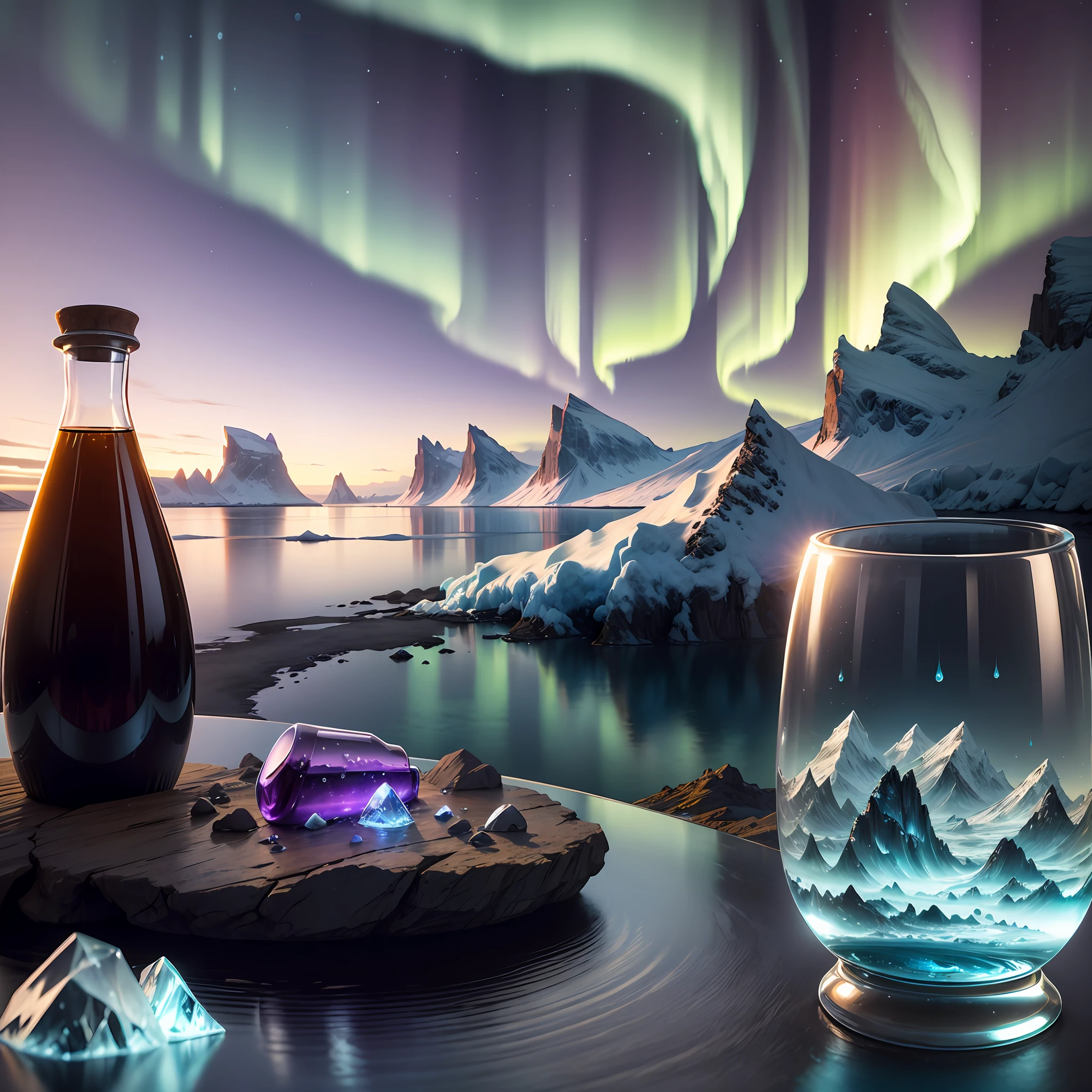 Computer, realistic fantasy, Extensive landscape ultra photography (general view showing a glass glass, bottle, iceberg, dew drops, northern lights, ), blurred background, gloomy, yellow, purple background, magic