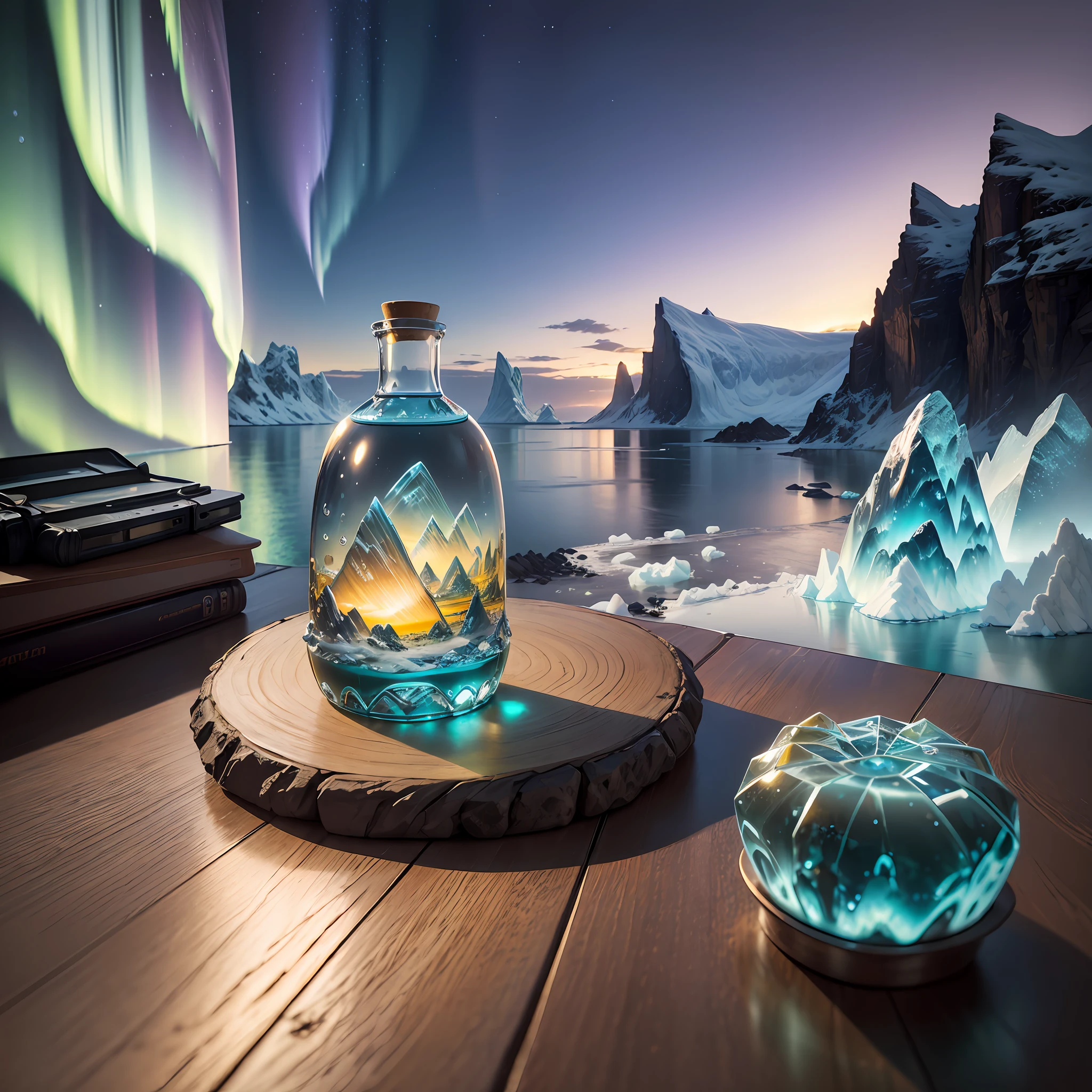 Computer, realistic fantasy, Extensive landscape ultra photography (general view showing a glass glass, bottle, iceberg, dew drops, northern lights, ), blurred background, gloomy, yellow, purple background, magic