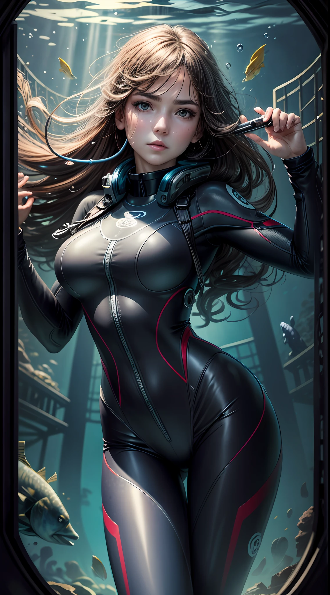 ((underwater shooting)), mature woman, (masterpiece), (big vista), high quality, 4k, 1girl, solo, detailed, ((diving)), wetsuit, diving mask, bubbles, long hair, curly hair, ((underwater)), low light, night, (dark atmosphere), (trapped in an iron cage)), (huge iron cage), schools of fish, starry sky, (desperate expression: 1.2), sharp focus,