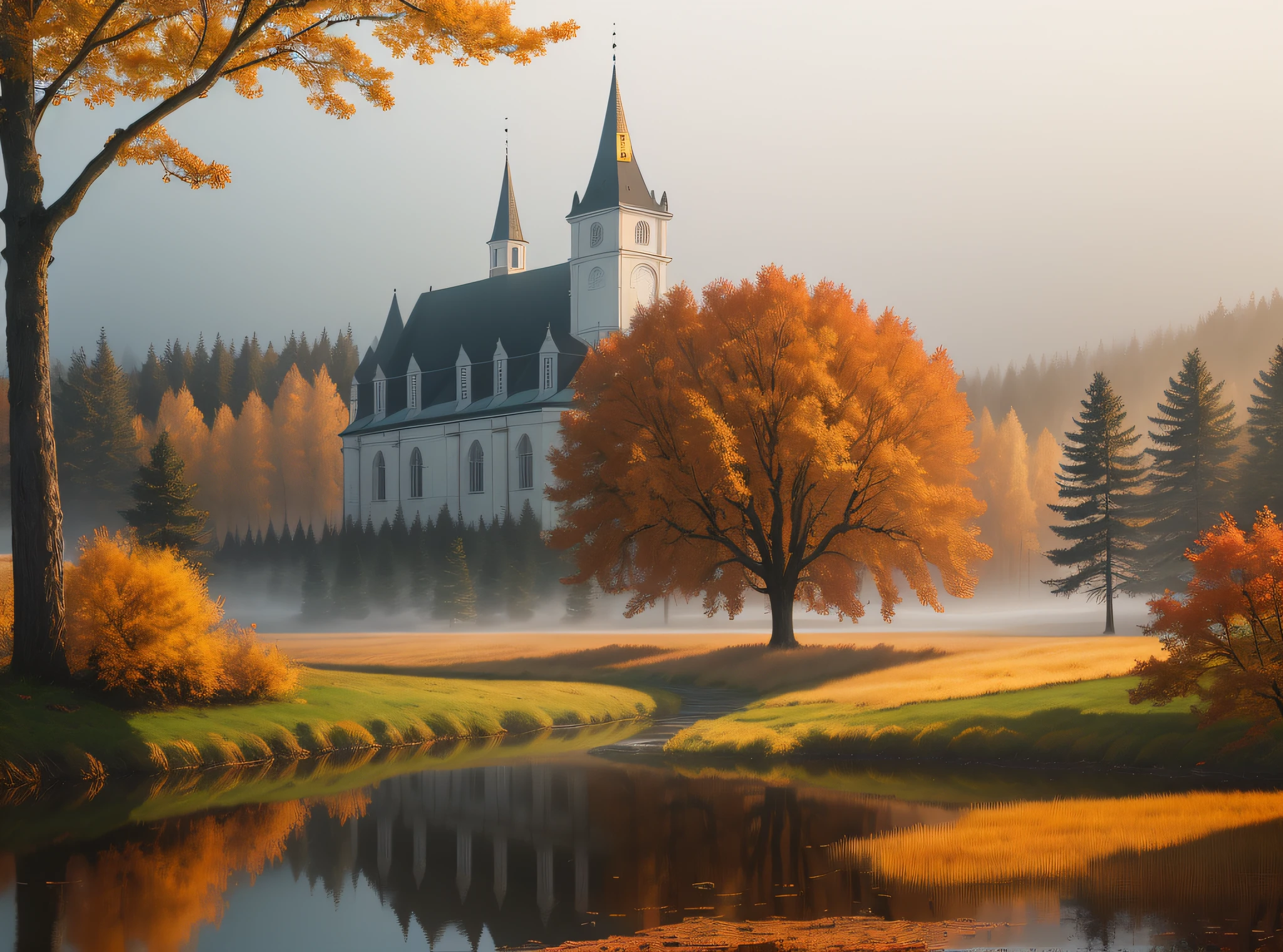 8K HD, Ultra High Quality, Oil Painting Style, Foggy, Foggy View of a Church in the Middle of the Woods, by Conrad Grobb, Mysterious Environment, by Gabor Sikzai, breathtaking composition, Gusztáv Kelety, (Mist), Mist, Mysterious Orange Mist, Sebastian Spryn, Wojciech Gersen, Fog Maniac Berg, Janos Nagy Barlog, Golden Autumn Moment, Beautiful Wallpapers, HD Photography, Real and Clear, exquisite details, delicate foliage, high viewing angle, wide view