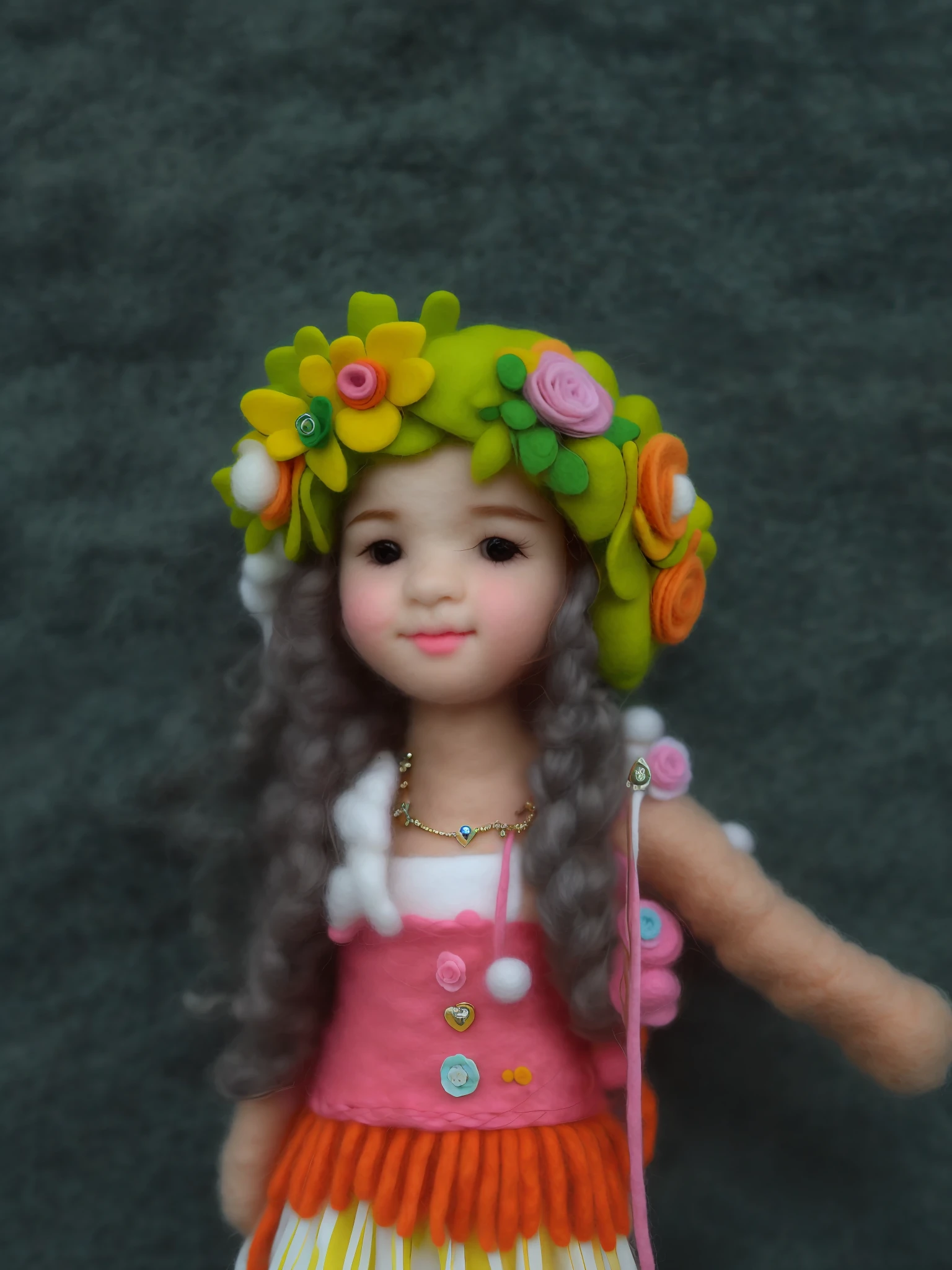 HD, (Best Detail) (Best Quality), Meticulous facial features, There is a young girl wearing a flower crown and necklace, Spark, (((Felt))), handmade, plush toy, (mini wool style)