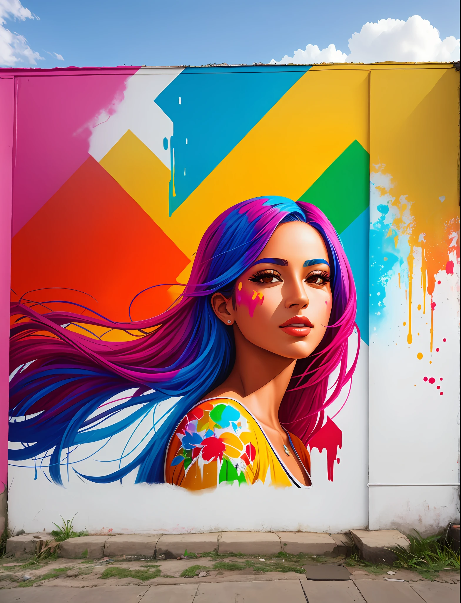 Graffiti painting, street art, 16k extremely detailed CG unit wallpaper, 16k landscape, artwork, masterpiece, best quality, amazing light brushstrokes, of a Colombian woman in graffiti style on a white wall with vibrant colors.