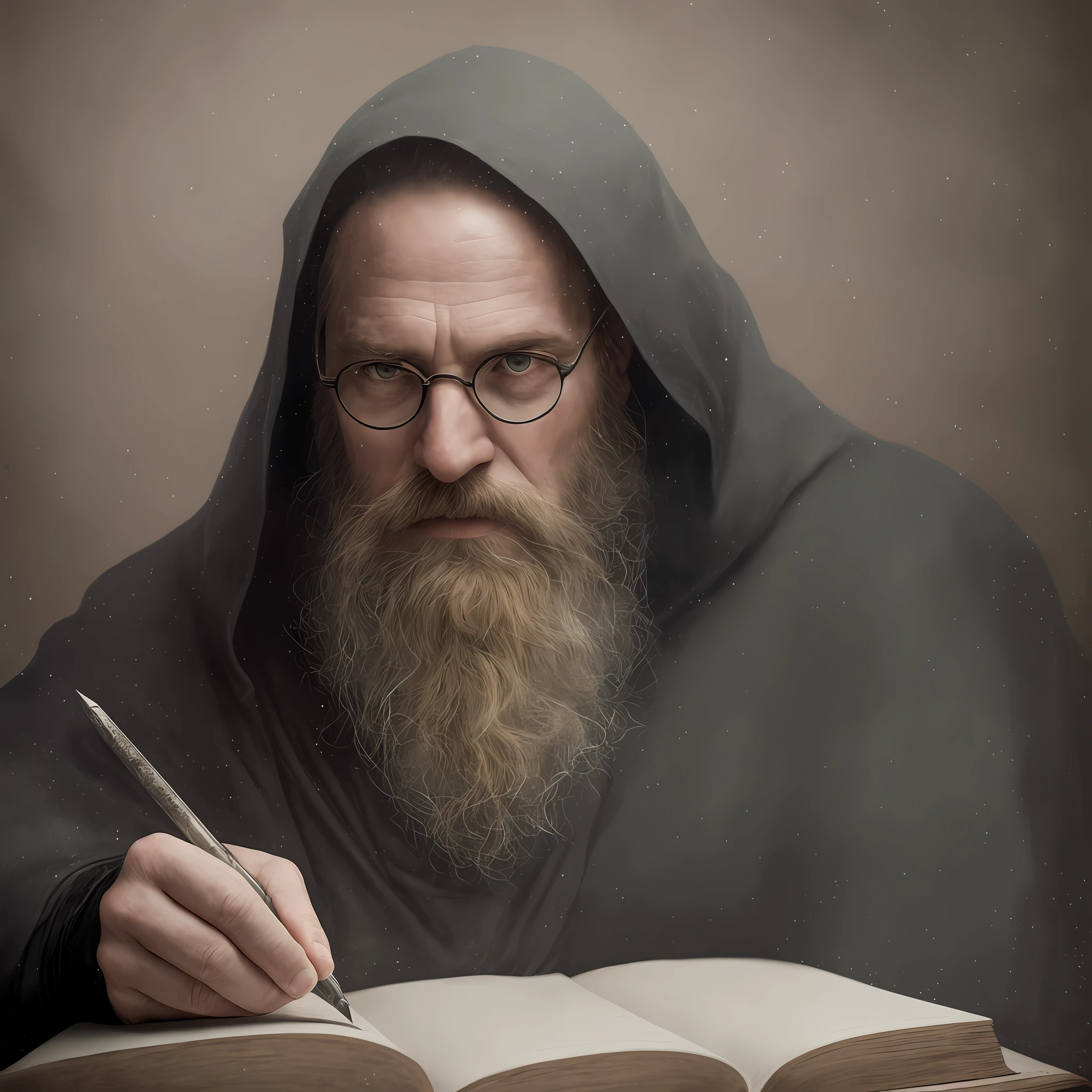 man with beard and glasses writing in book, portrait of magician, wizard RPG,