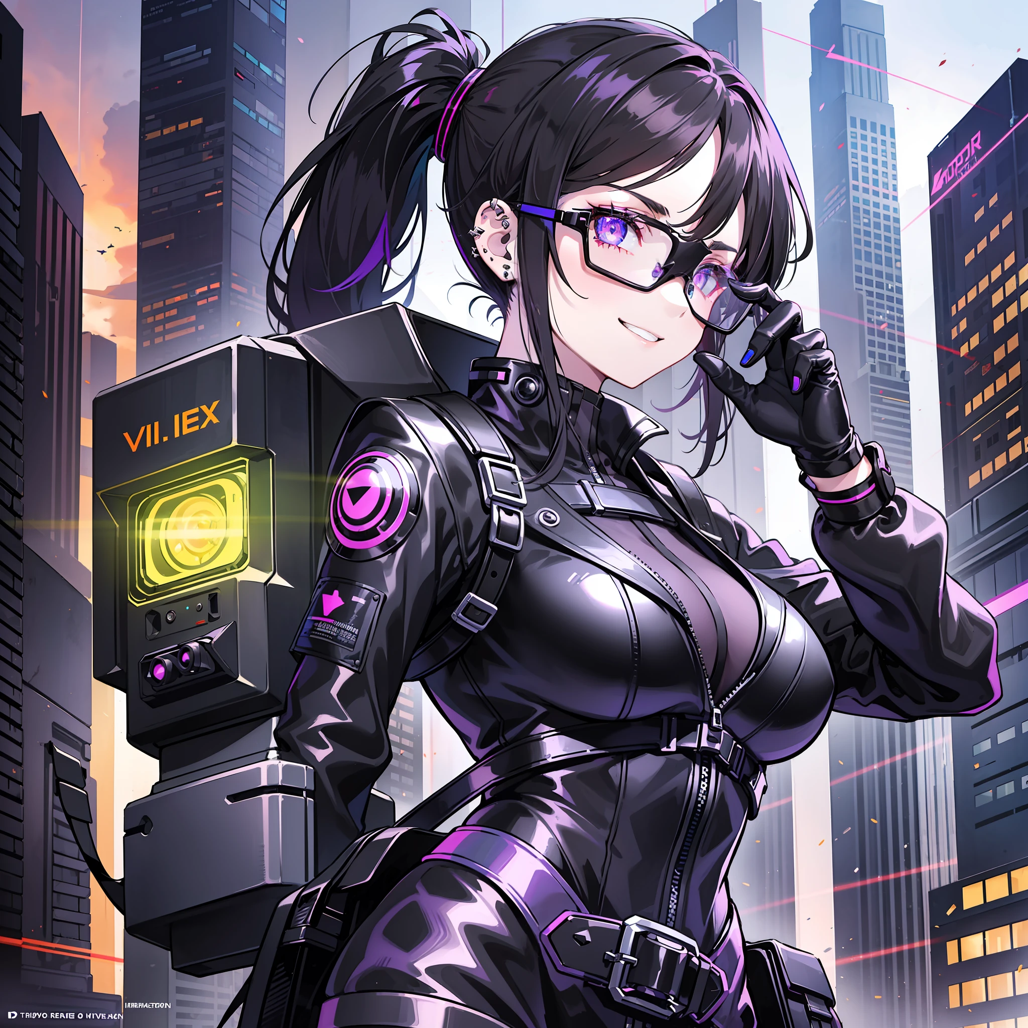 One girl, various poses, Dark violet hair, amber eyes, cyberpunk style, black leather suit, metallic details, blue LED lights, technological gloves, boots with holographic soles, augmented reality glasses, tactical backpack, piercing gaze, enigmatic smile, arched eyebrows, tactical and strategic ability, technological ability, individualistic and reserved.