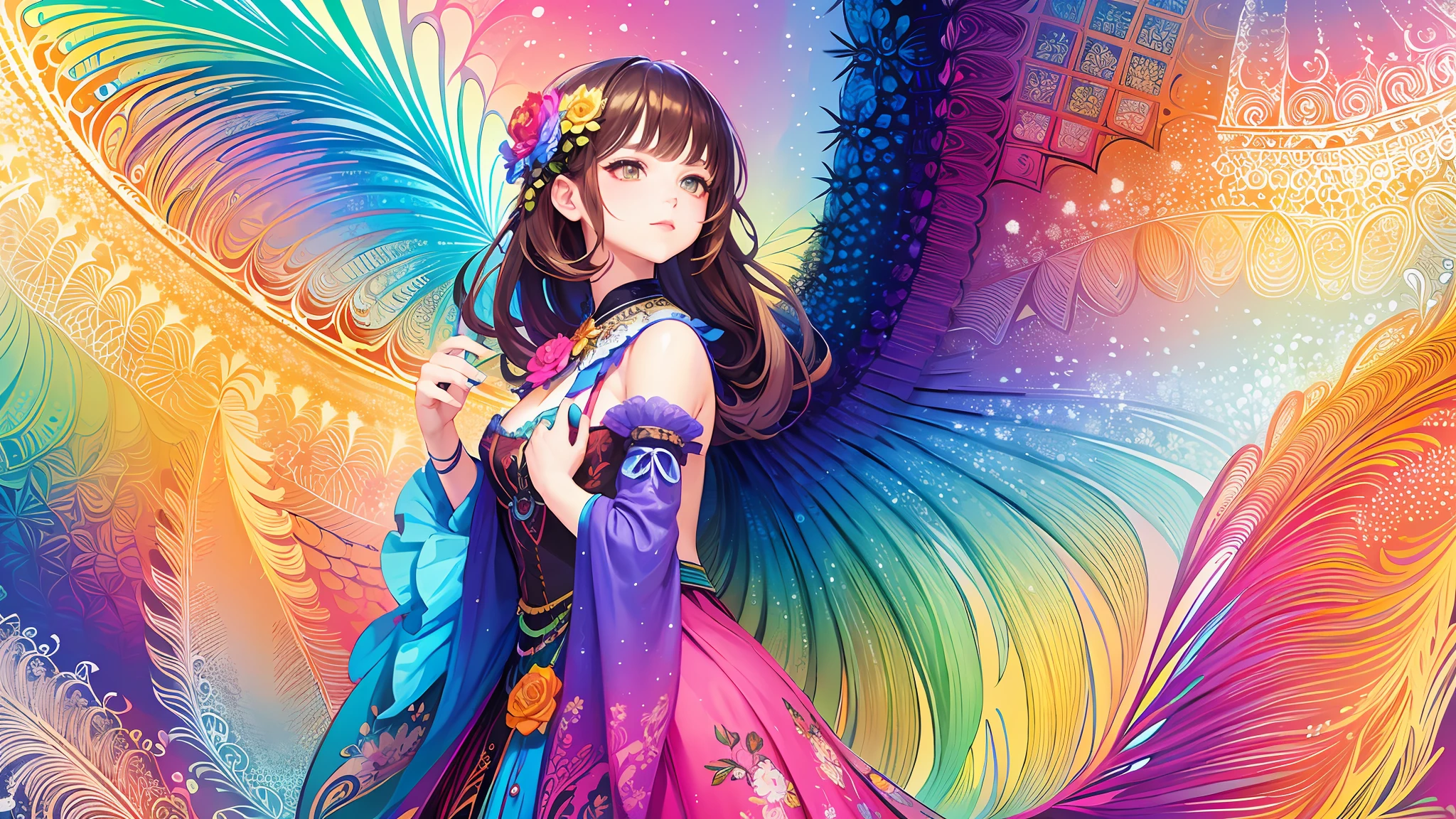 colorful flowers, feather, (masterpiece, top quality, best quality, official art, beautiful and aesthetic:1.2), (1girl:1.3), (fractal art:1.3),