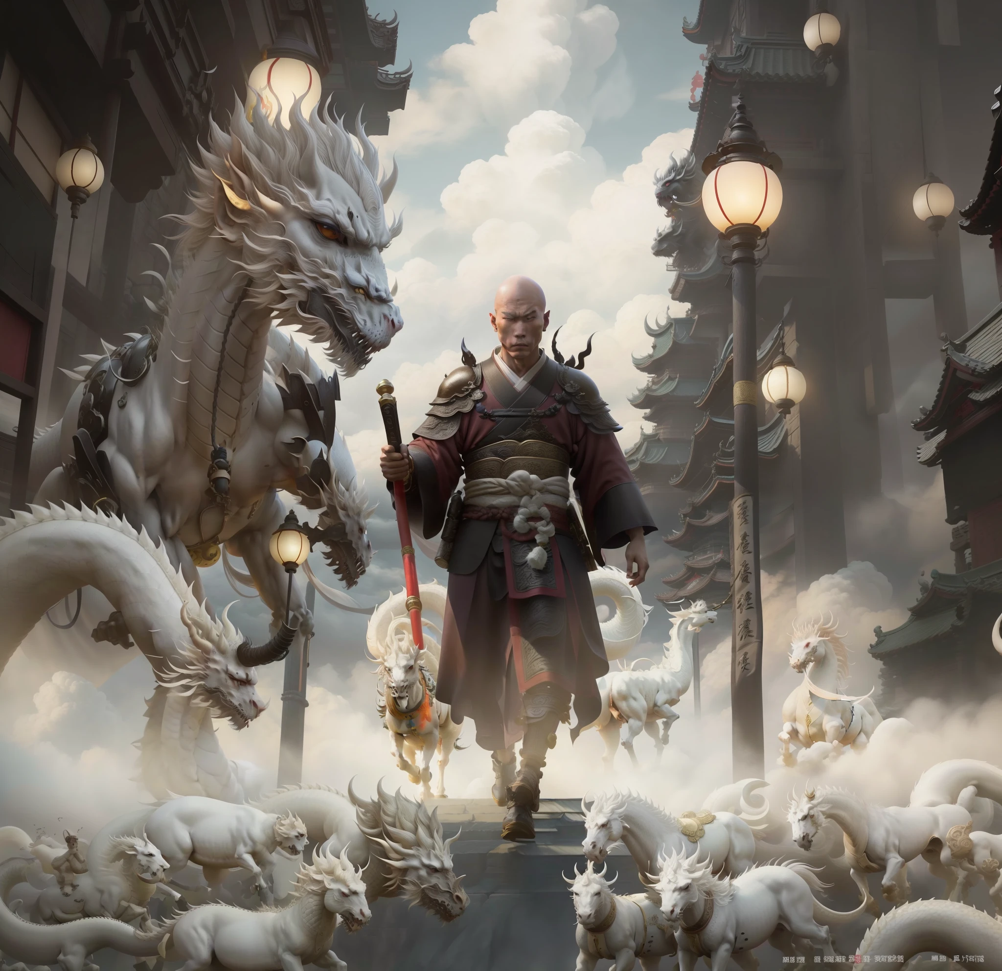 A bald young male monk, a bald male monk in a cassock, walking through the street with a Zen staff, there are white dragon horses, auspicious clouds around Yang J, Zhu Feng, Andreas Rocha style, Titi Luatong, Victor Wang, conceptual art | Zhu Feng, Zeng Jing, Wu Baiyade, Yang Jin, Ren Xiong, Ju Chao Tang monk. The monk of the Tang Dynasty, with a resolute face, holding a Zen staff and a white dragon horse, walked forward, with magnificent and auspicious clouds in the background