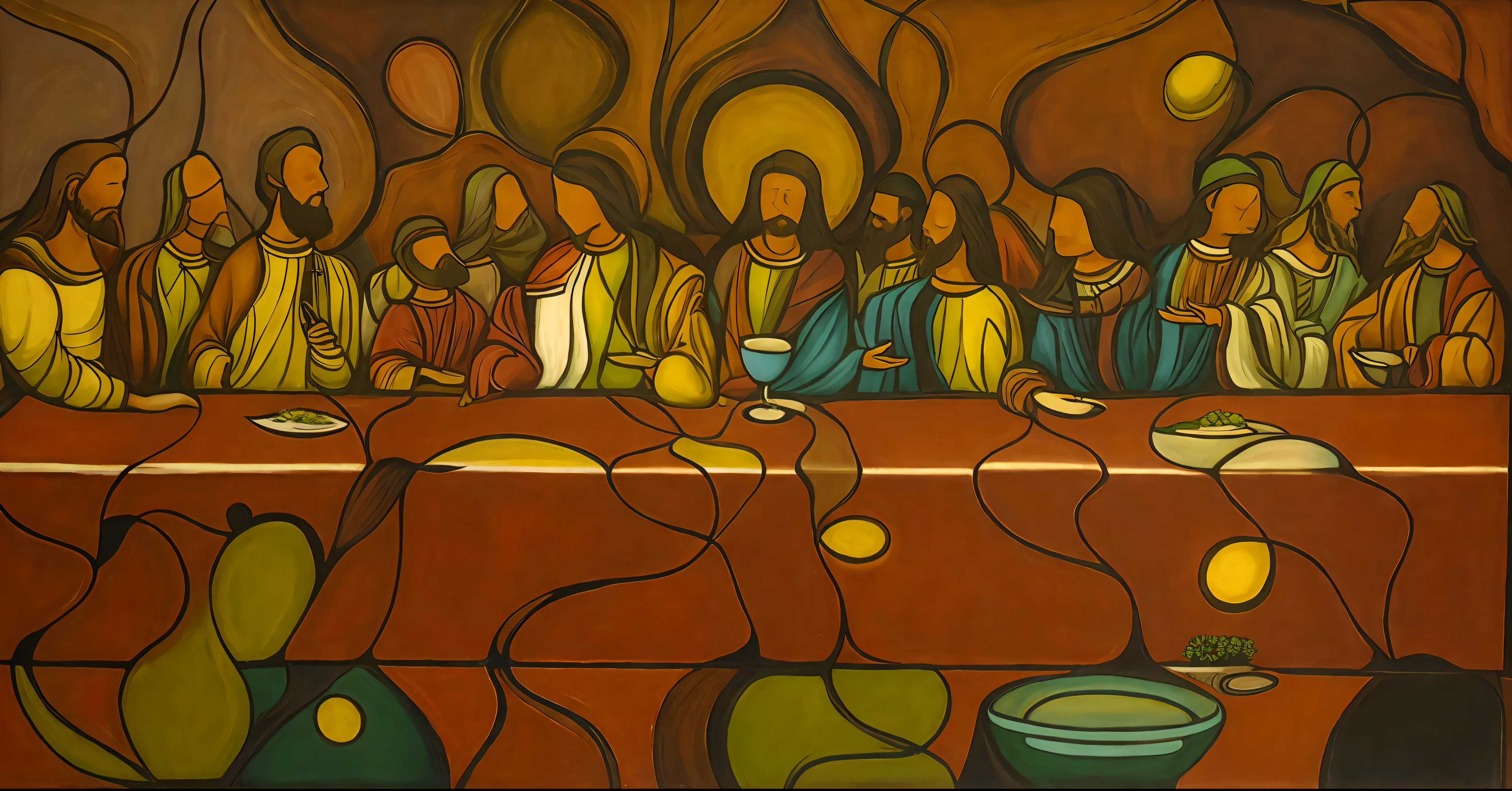 painting of a group of people sitting at a table with a large painting of a group of people, last supper composition, the last supper painting, last supper, the last supper, called 'the last supper', by Meredith Dillman, by Eileen Aldridge, christian art, by Jeka Kemp, by Lisa Milroy, by Laura Ford, catholic religious art, biblical art style --auto --s2