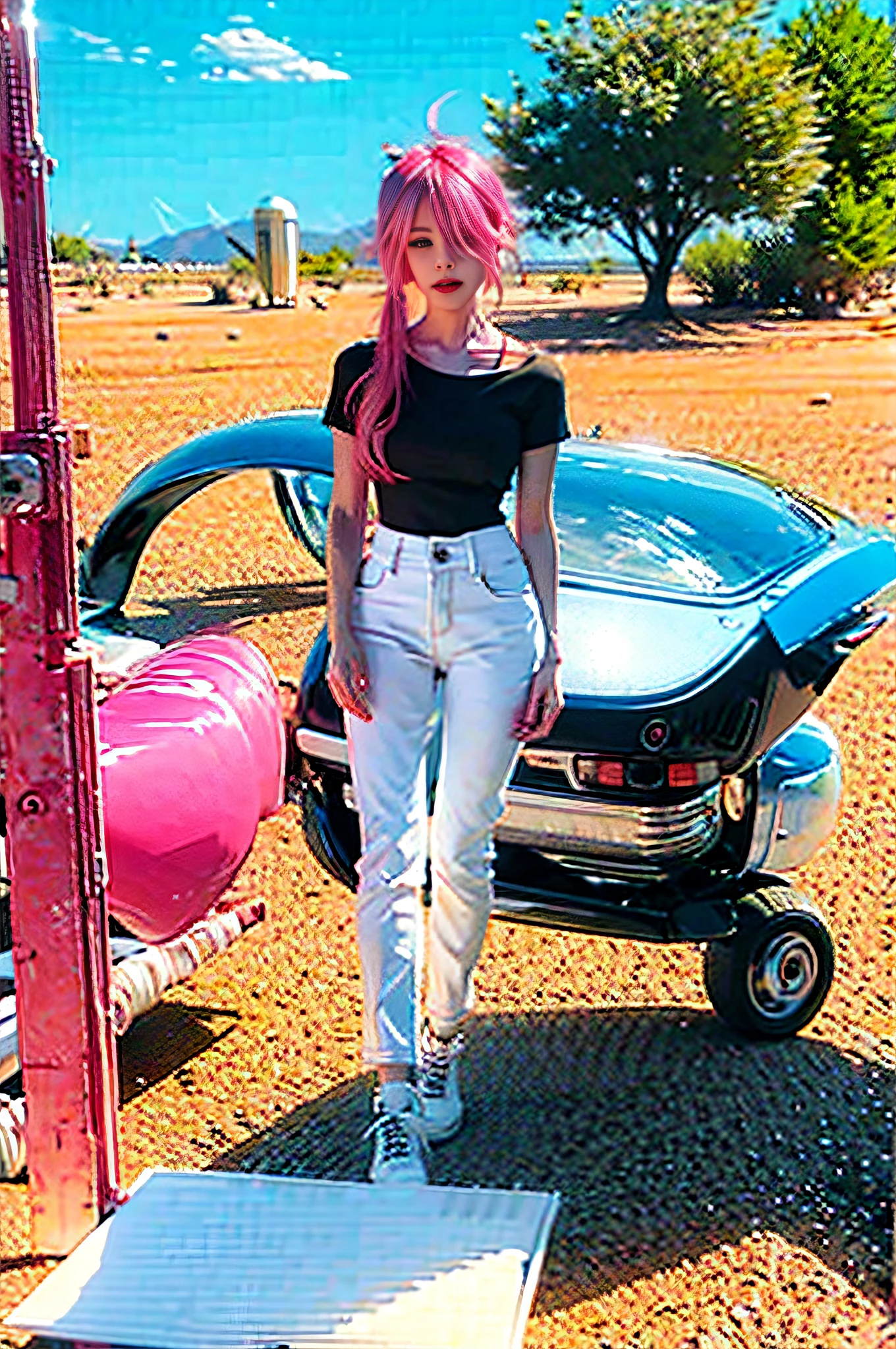 A beautiful girl with pink hair, white short t-shirt, black pants, delicate face, rich facial details, desert in the background, broken mech