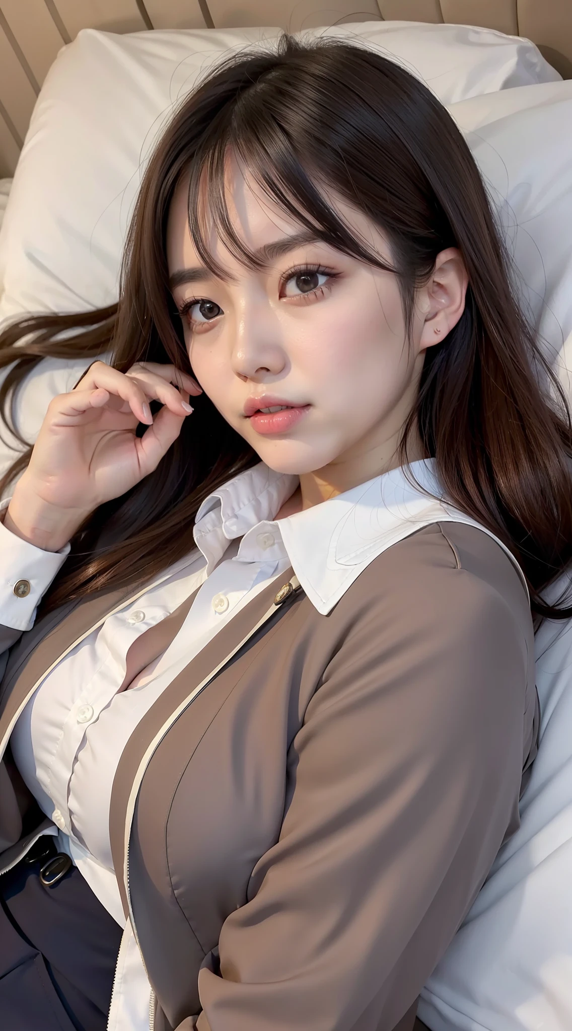 Japan girl, girl in her twenties, just good breasts, perfect breasts, perfect skin, perfect, dark hair, brown eyes, office lady, navy jacket, navy pants style, unbuttoned white shirt, bed, lying down, looking from above