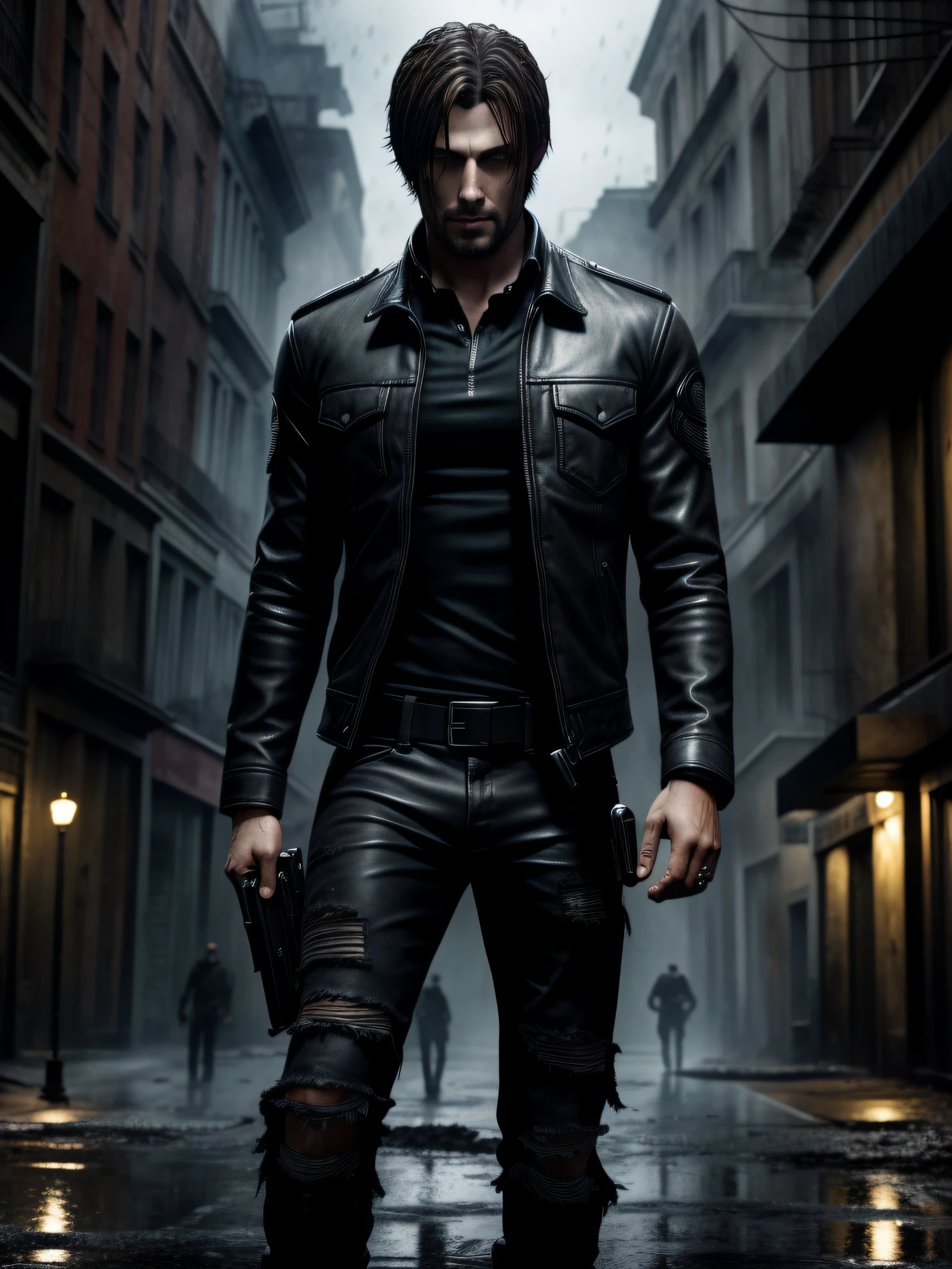 character Leon resident evil, with black leather coat, ripped jeans, walking armed, with black hair scattered and wet, ((full body)),((perfect face)), dark place in city center of raccon city of night destroyed with zombies in the background, Social realism, Realism, ray tracing, reflection light, high quality, high details, super detail, 8k, 16k, best quality