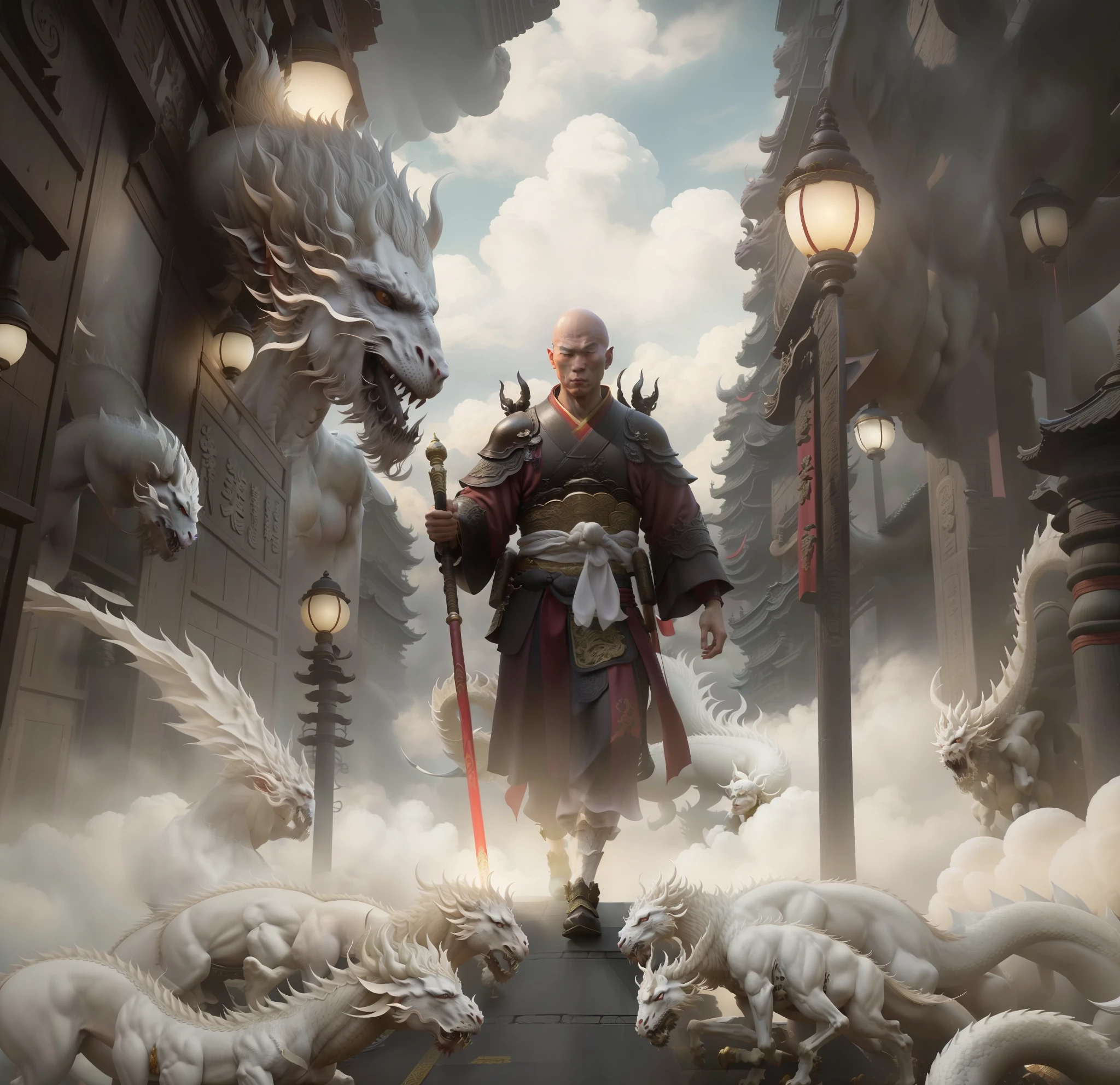 A bald young male monk, a bald male monk in a cassock, walking through the street with a Zen staff, there are white dragon horses, auspicious clouds around Yang J, Zhu Feng, Andreas Rocha style, Titi Luatong, Victor Wang, conceptual art | Zhu Feng, Zeng Jing, Wu Baiyade, Yang Jin, Ren Xiong, Ju Chao Tang monk. The monk of the Tang Dynasty, with a resolute face, holding a Zen staff and a white dragon horse, walked forward, with magnificent and auspicious clouds in the background