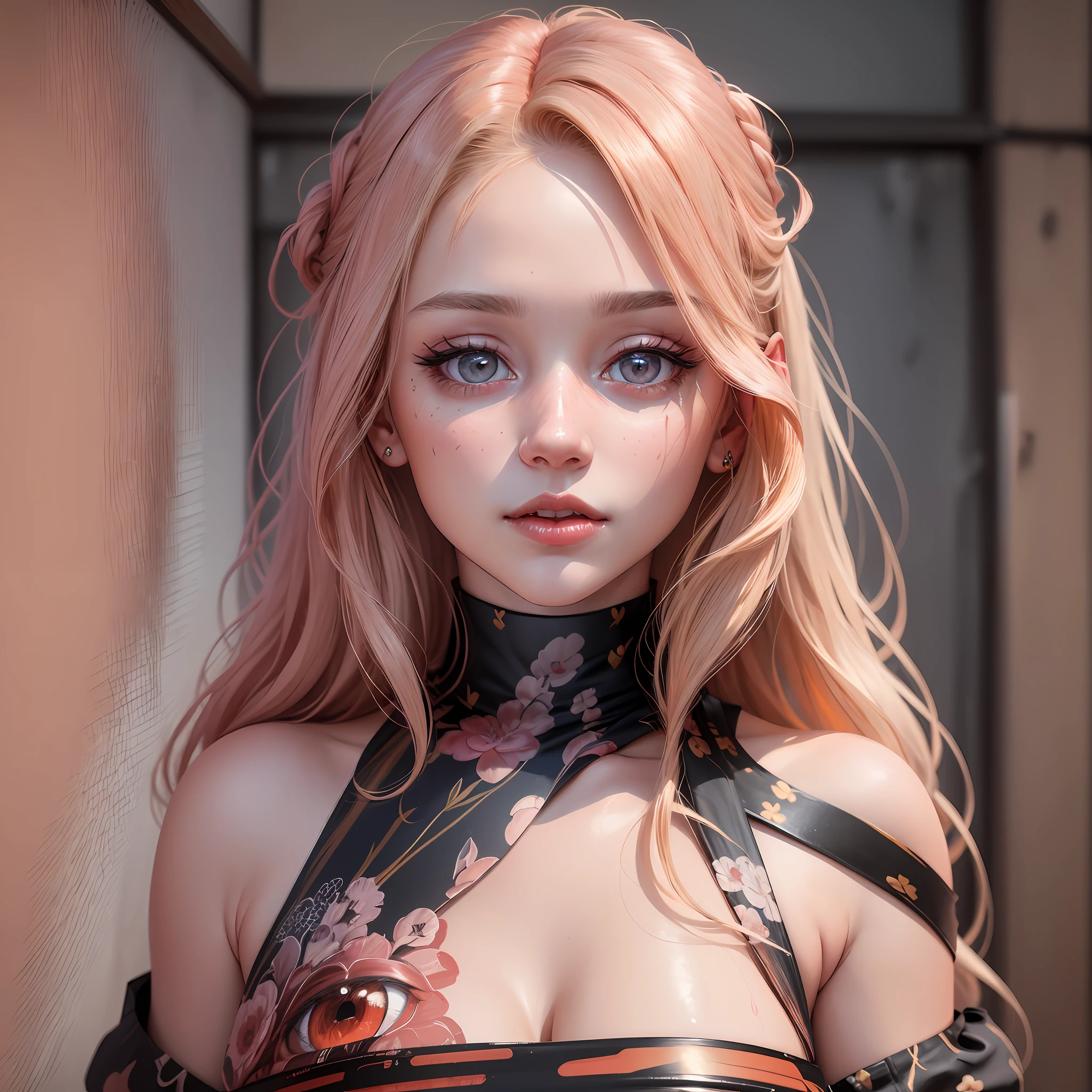 (8k, 4k, best quality, highres, ultra high res:1.1), (masterpiece, realistic, photo-realistic:1.1), 1girl, face, close-up, blonde hair with tips painted in pink, red, red lips, (looking at the viewer:2), absurdly long hair, long eyelashes, shadow, slightly dark eyelid, small face,  shoulders, high contrast, --auto --s2