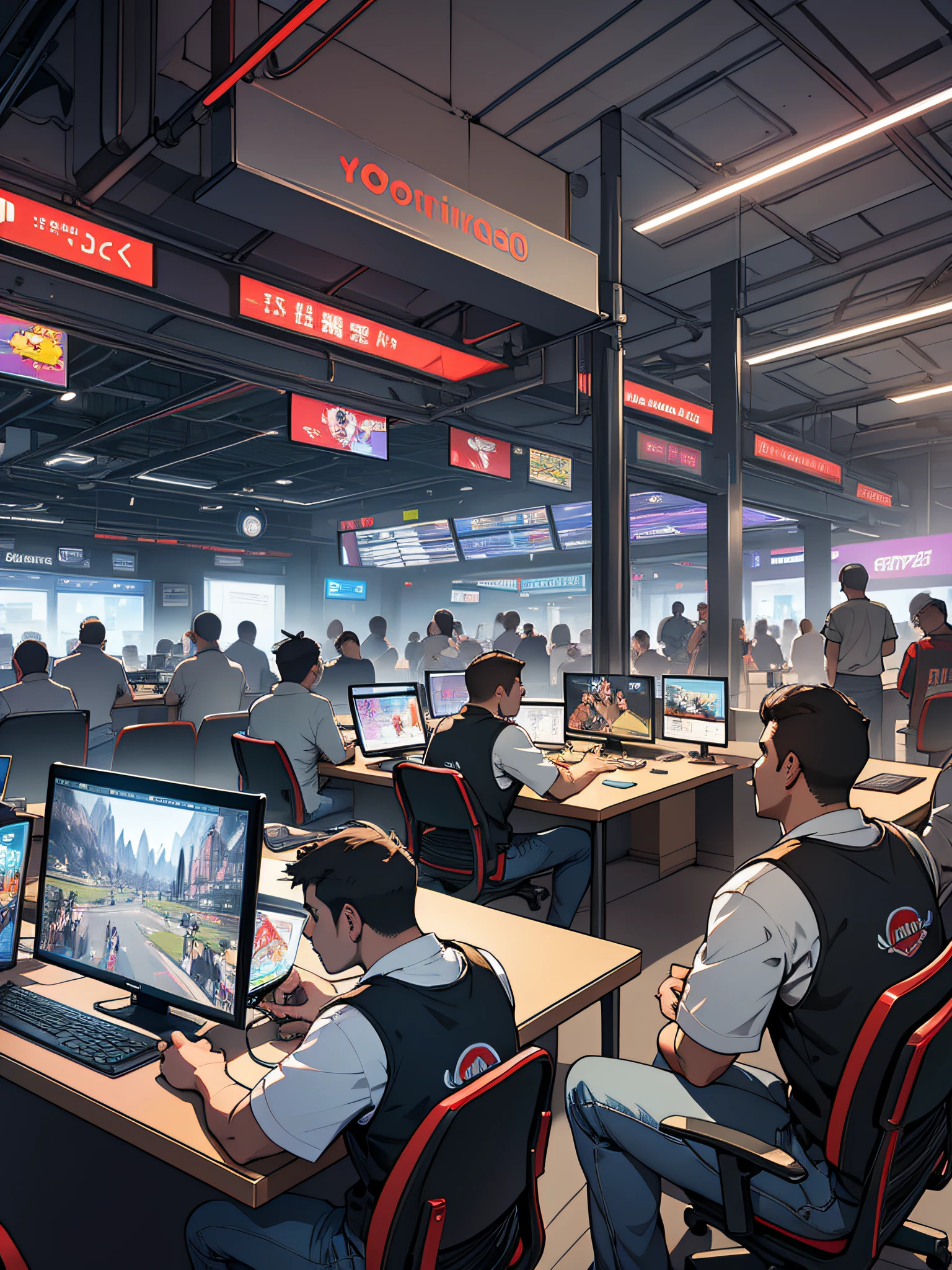 Best quality, masterpiece, super high resolution, detailed background, internet café, many people, playing games, panorama.
