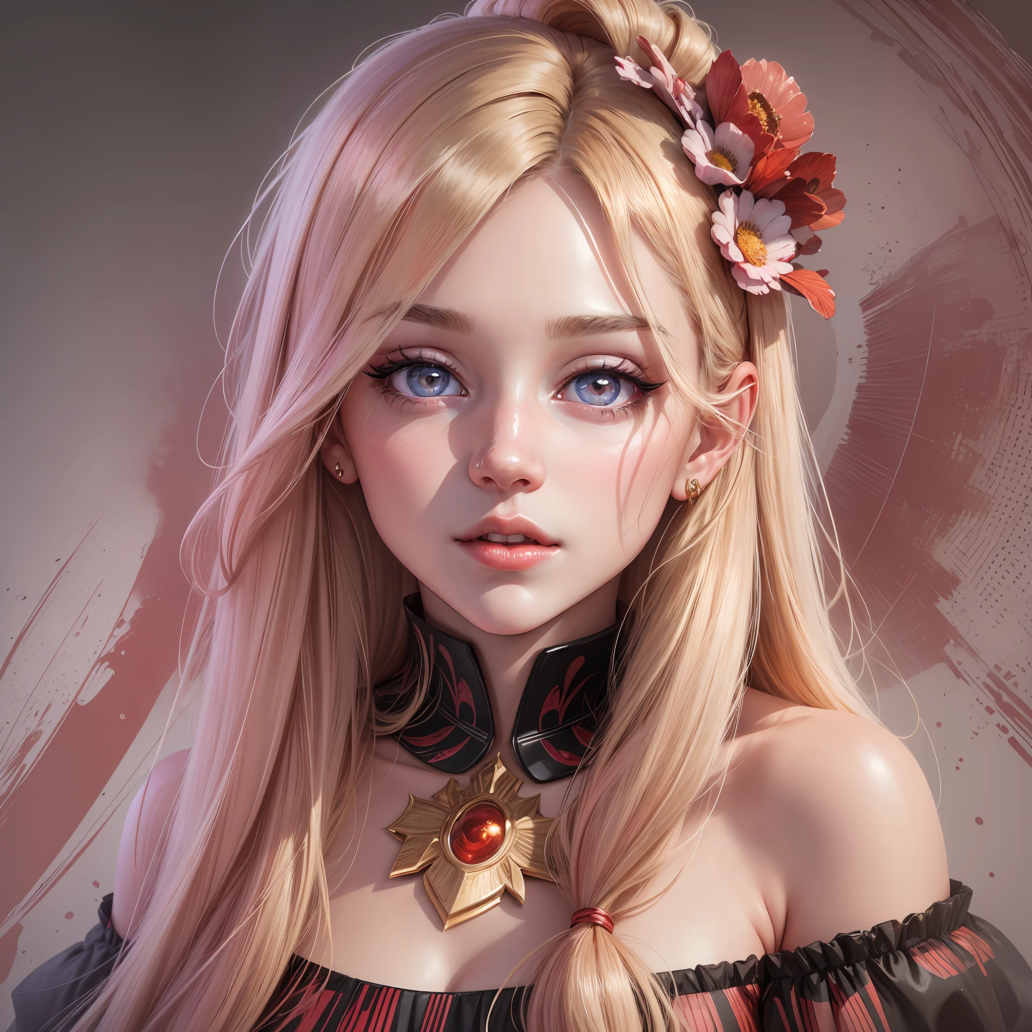 (8k, 4k, best quality, highres, ultra high res:1.1), (masterpiece, realistic, photo-realistic:1.1), 1girl, face, close-up, blonde hair with tips painted in pink, red, red lips, (looking at the viewer:2), absurdly long hair, long eyelashes, shadow, slightly dark eyelid, small face, bare shoulders, high contrast, --auto --s2