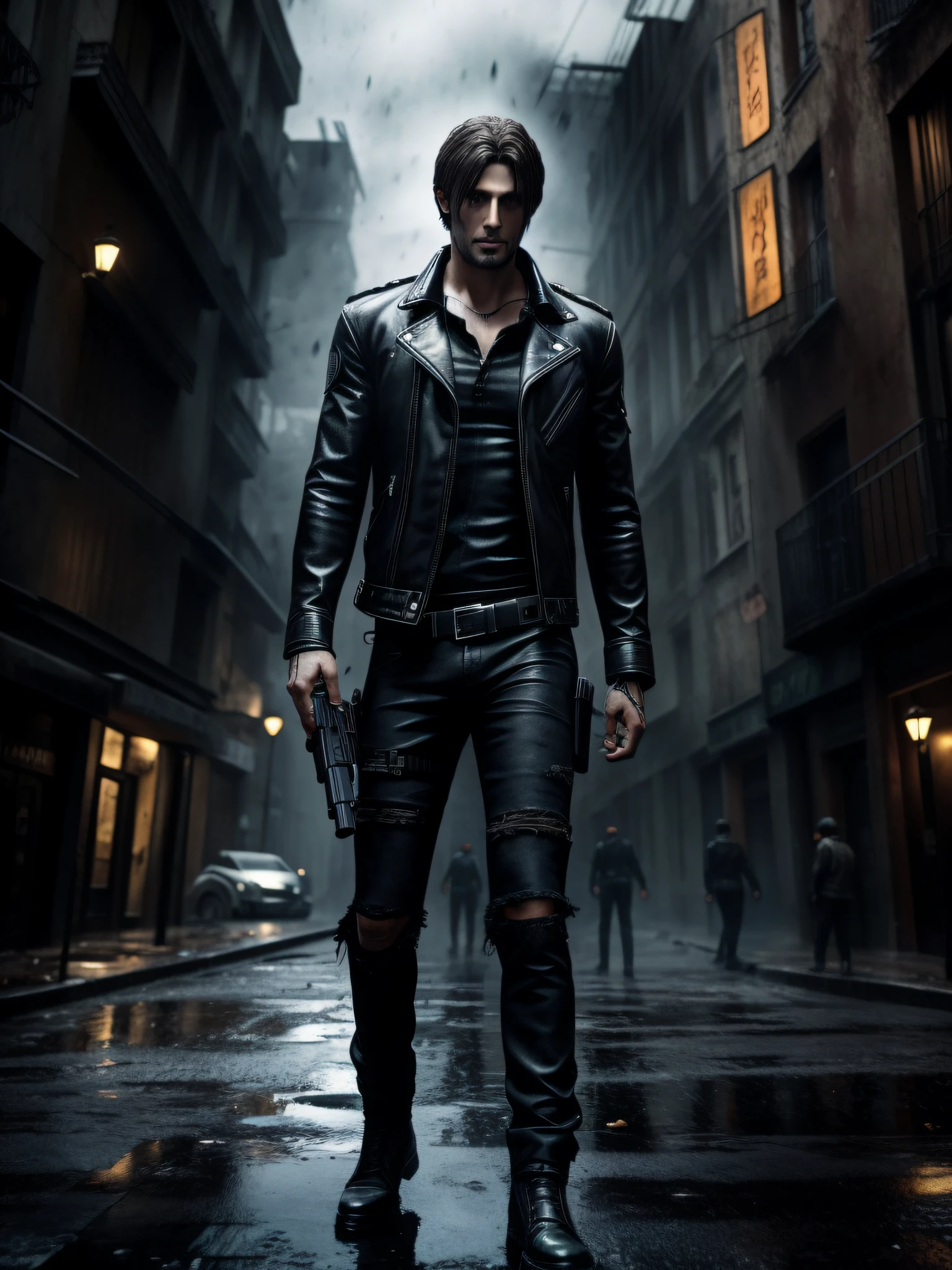 character Leon resident evil, with black leather coat, ripped jeans, walking armed, with black hair scattered and wet, ((full body)),((perfect face)), dark place in city center of raccon city of night destroyed with zombies in the background, Social realism, Realism, ray tracing, reflection light, high quality, high details, super detail, 8k, 16k, best quality