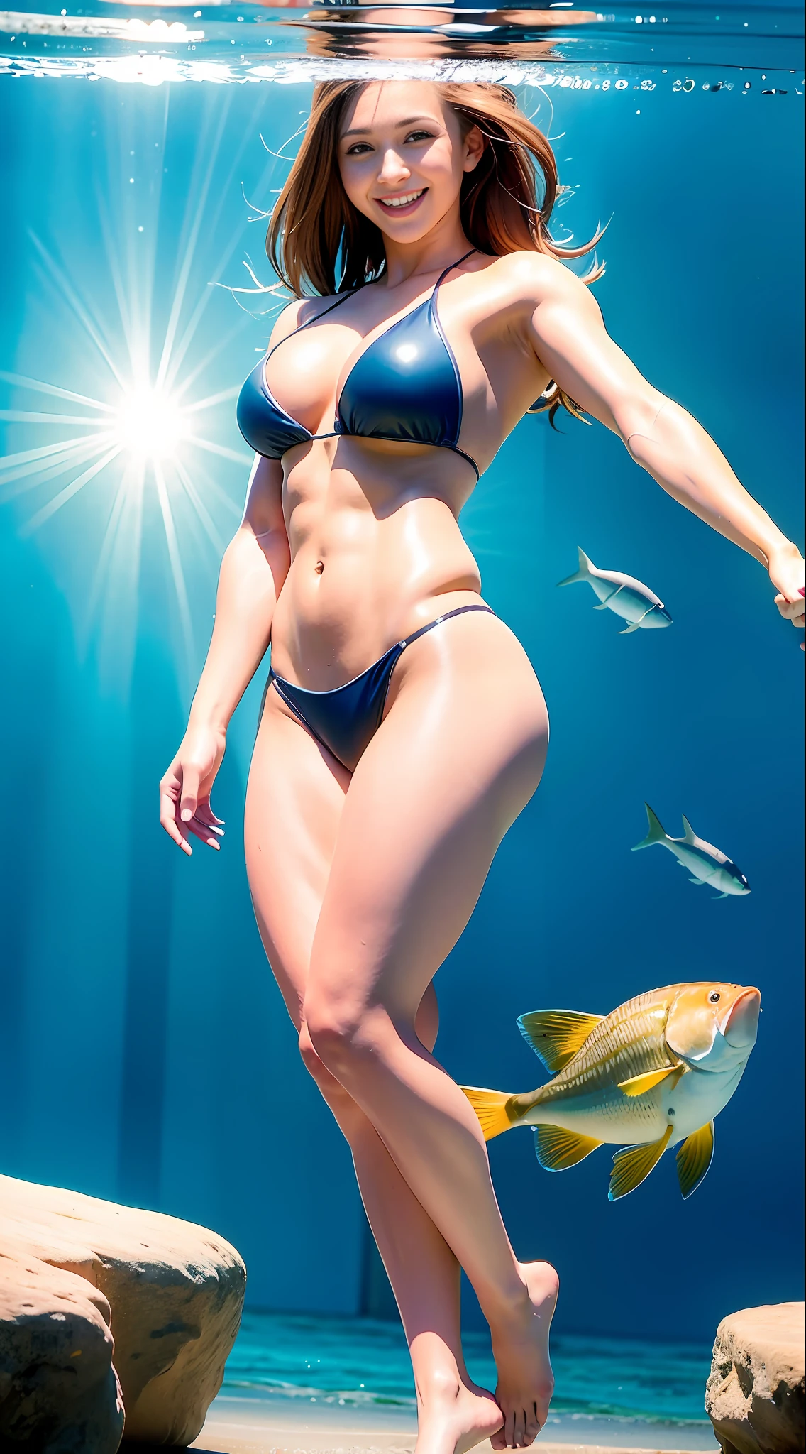 best quality, ultra high res, photoshoot, (photorealistic:1.4), 1girl, bodybuilder girl, swimming underwater, girl with beautiful fish,
(light brown hair:1), looking at viewer, smiling, cute, full body, (slim legs:1),out door,detailed eyes,detailed face,huge ass,light smile, full body picture,
