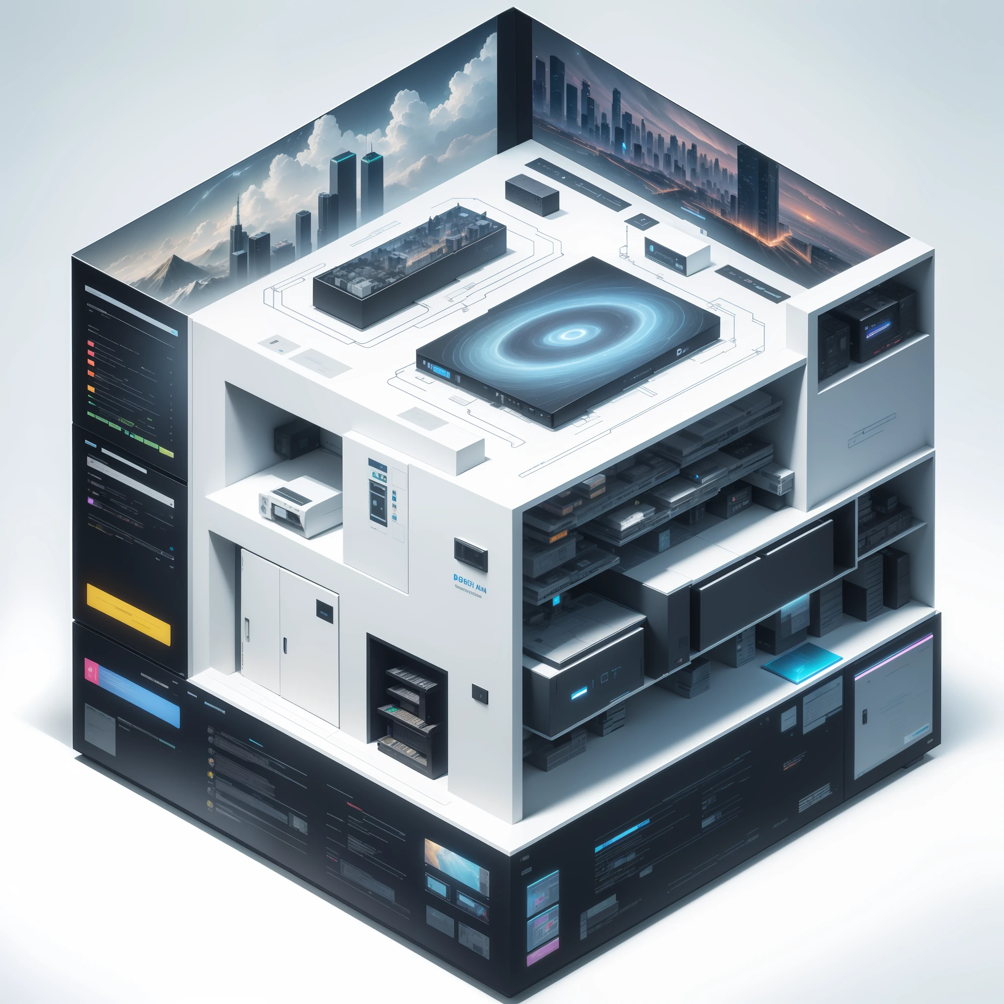 Digital ecosystem, digital service platform, data center, IoT device, cloud computing, artificial intelligence, smart city, blind box toy style, high detail, ray tracing, stereogram, three sided view, Op art, 8k, high details, high quality, 8k, masterpiece, ccurate, best quality --auto --s2