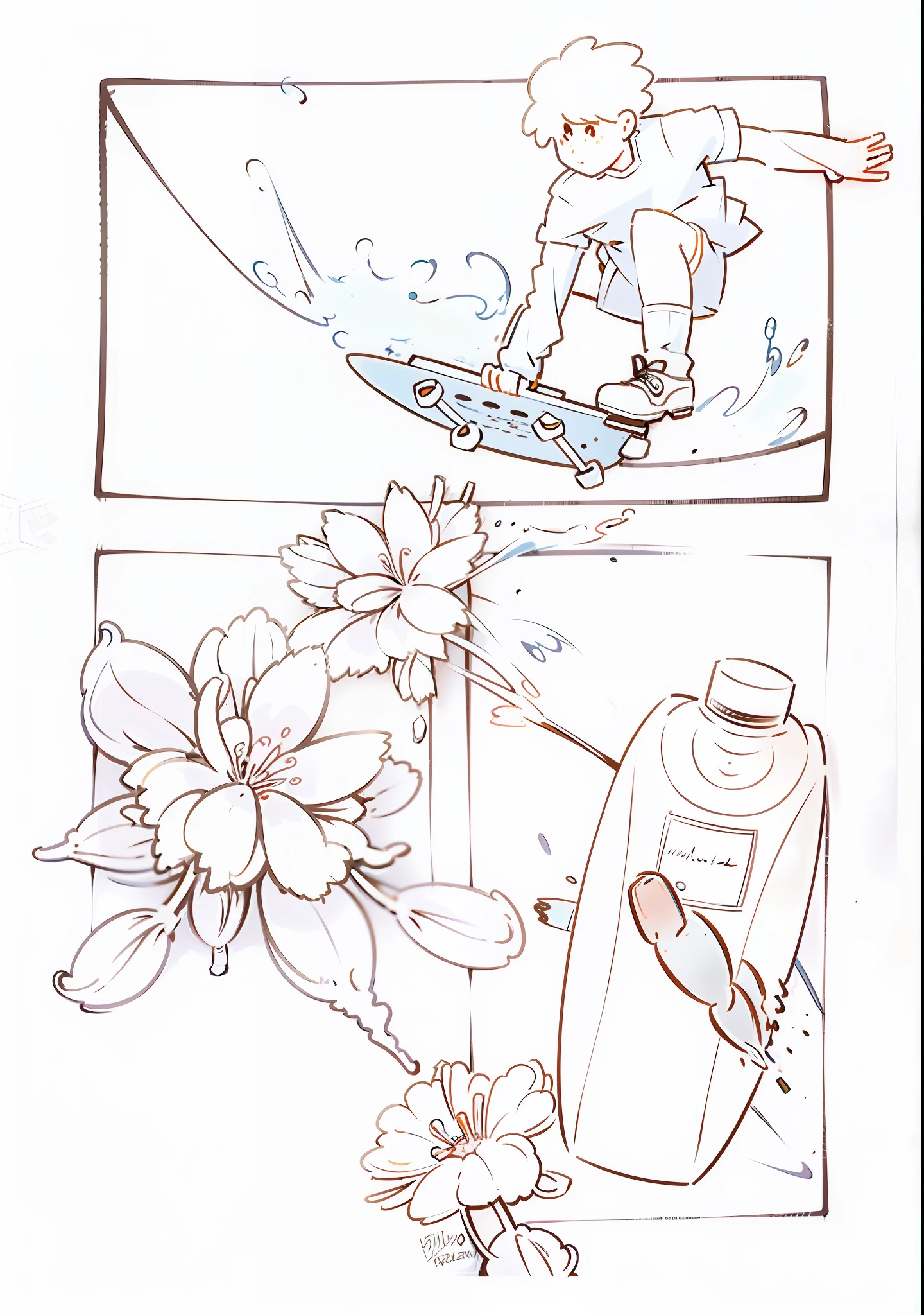 sketch of a man riding a skateboard in flower area, comic page, full page illustration, stylized comic art, comic book illustration, , full page illustration, color page, pick up a flower, comic concept art, full page scan, publishing art, comic book page, comic page, brilliant colors,