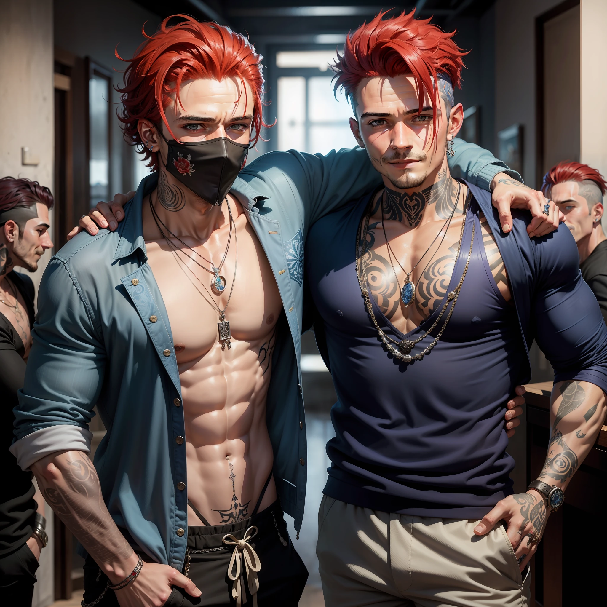 Orlando Bloom, bandana mask, gangster, blue stajan, paisley trousers, wearing necklace, tattoo on back of hand, smile, nose piercing, red hair, masterpiece, best quality